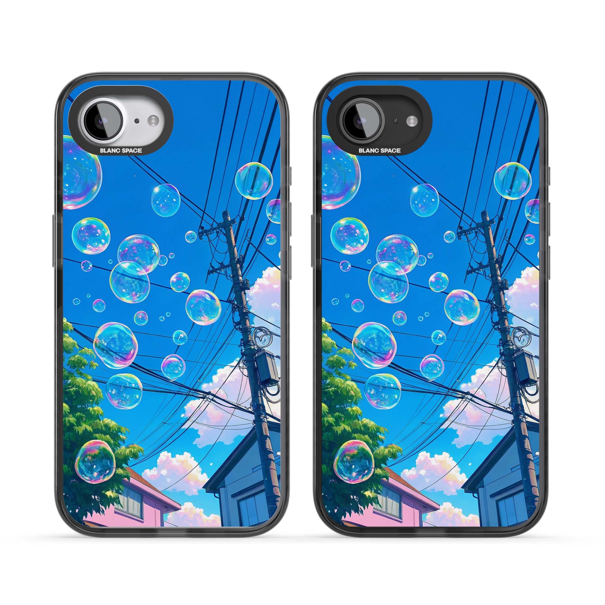 Suburban Bubbles anime iPhone case featuring iridescent soap bubbles, blue sky and Japanese telephone wires | Black Impact Magsafe case for iPhone 16e, iPhone 17e