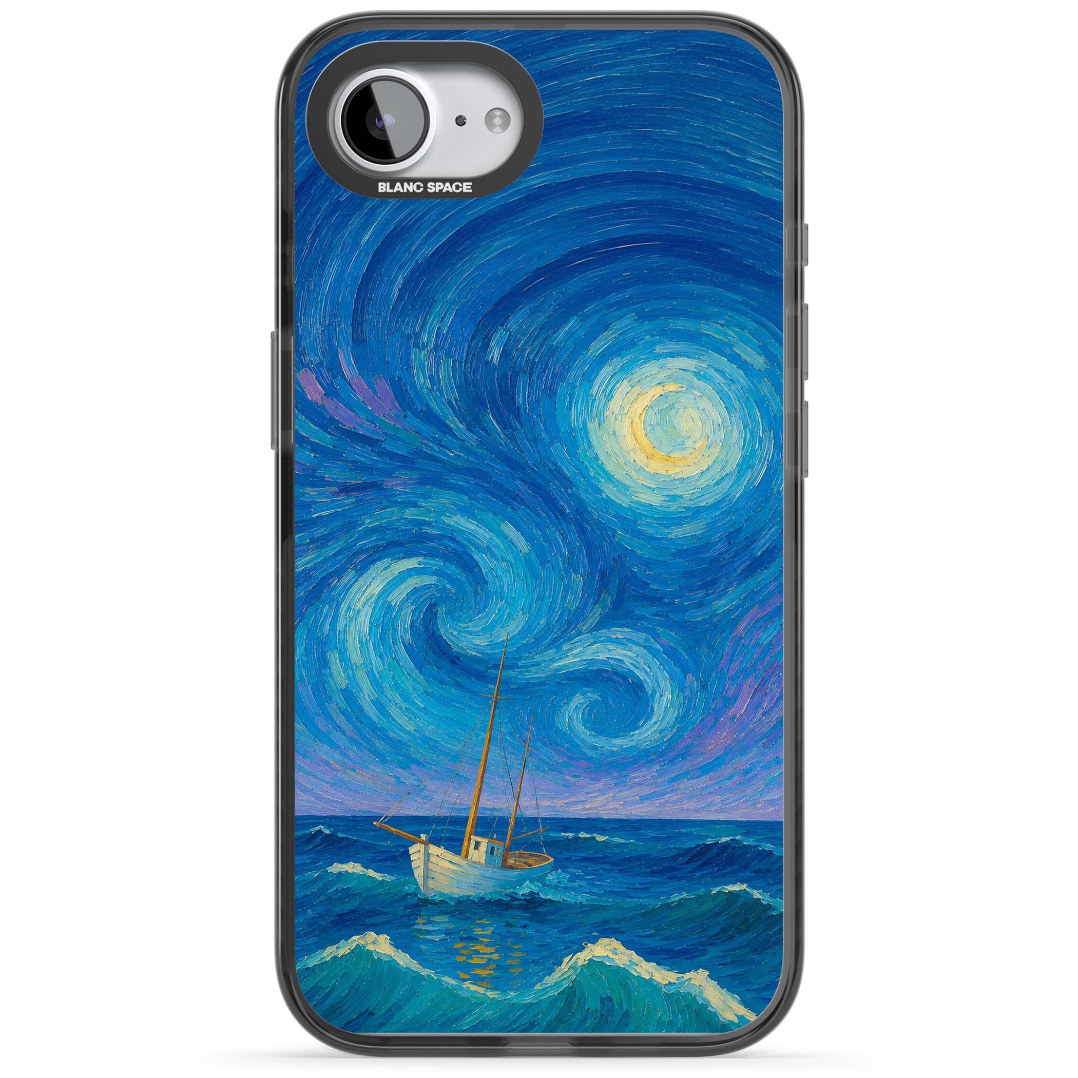 Moonlit Tide Van Gogh art iPhone case featuring swirling starry night sky, glowing moon and lone sailing boat at sea | Black Impact Magsafe case for iPhone 16e, iPhone 17e