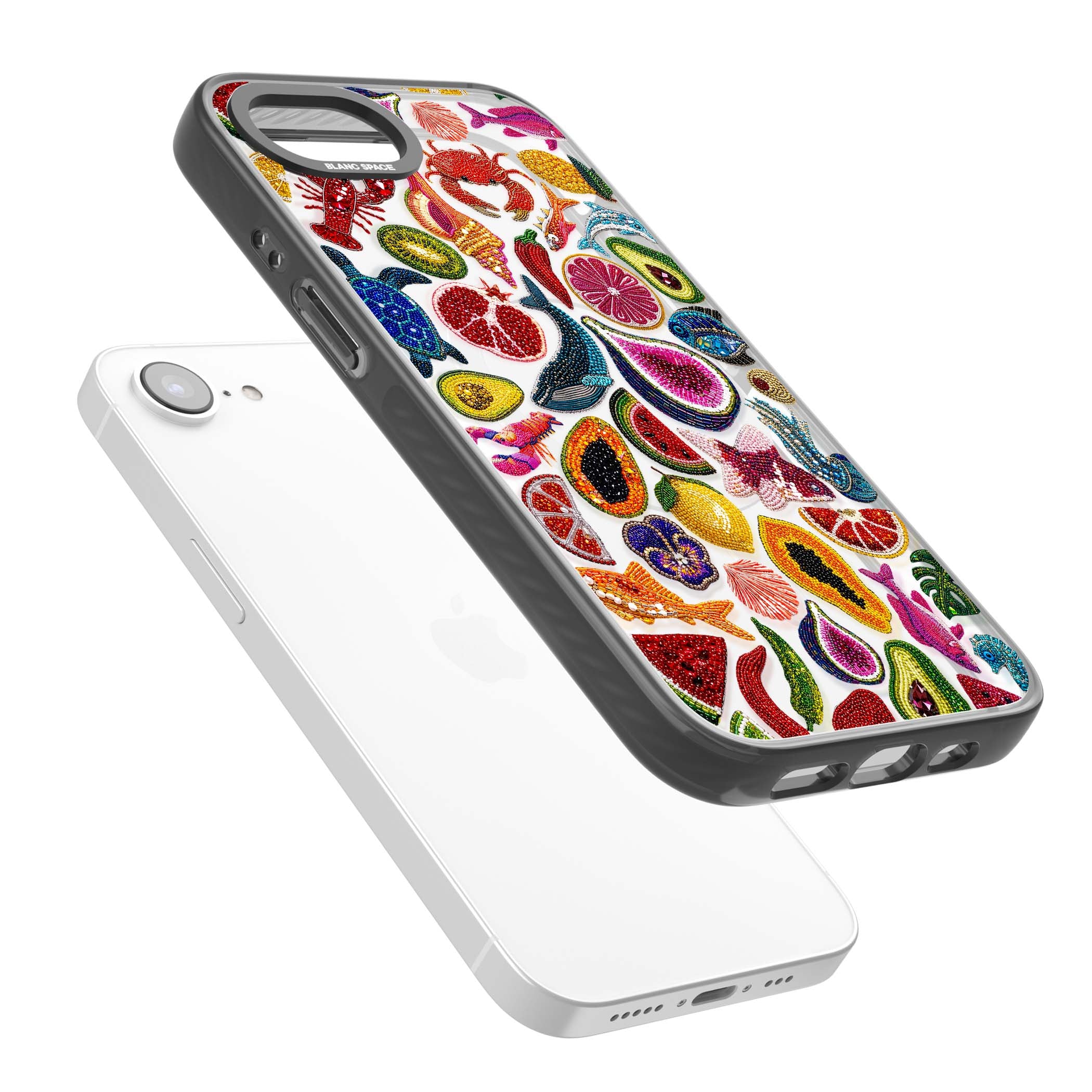 Beaded Tropic tropical iPhone case featuring beaded fruit, fish, crabs and seashells in vibrant colour | Black Impact Magsafe case for iPhone 16e, iPhone 17e
