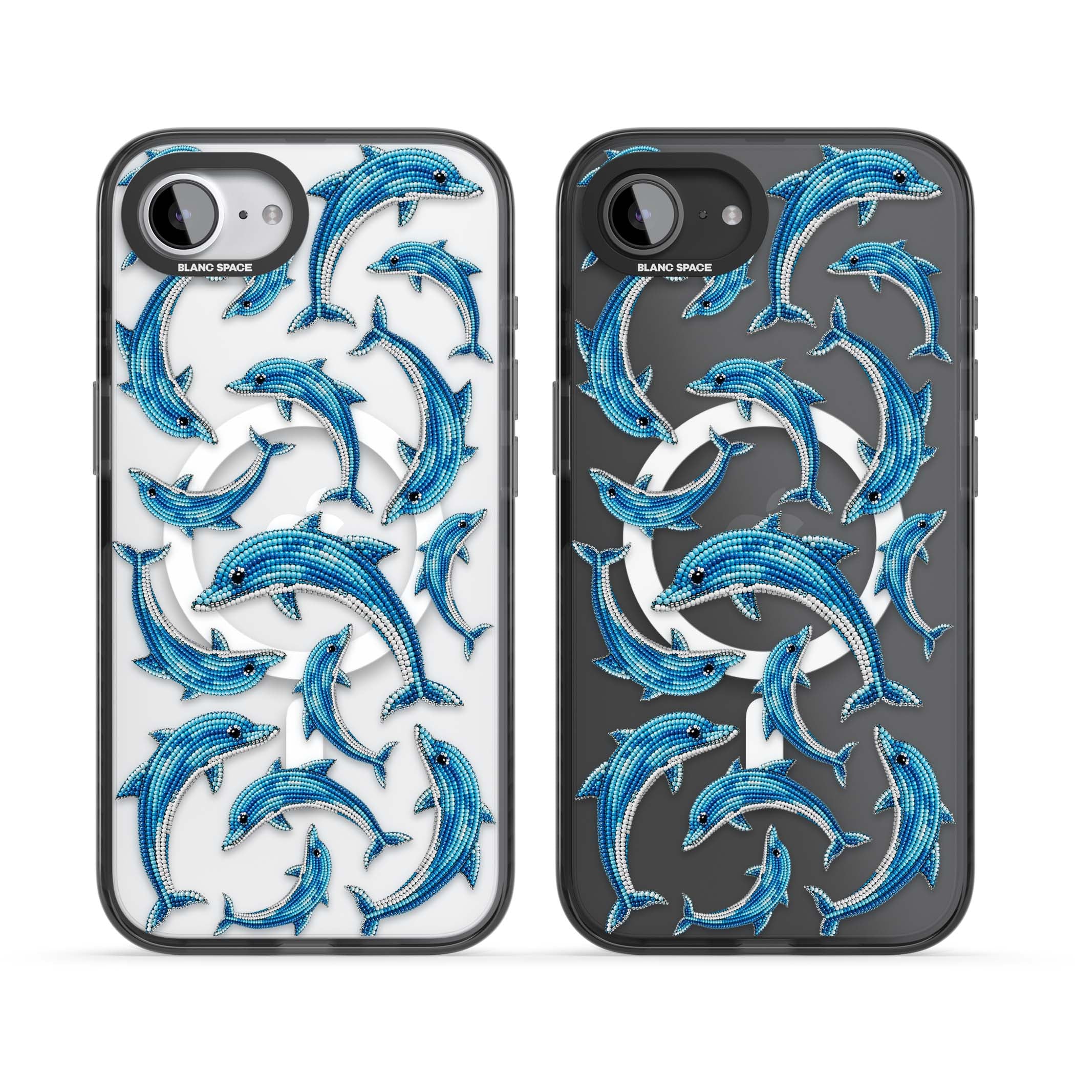 Beaded Dolphins coastal iPhone case featuring beaded dolphins in blue and white swimming across a clear background | Black Impact Magsafe case for iPhone 16e, iPhone 17e