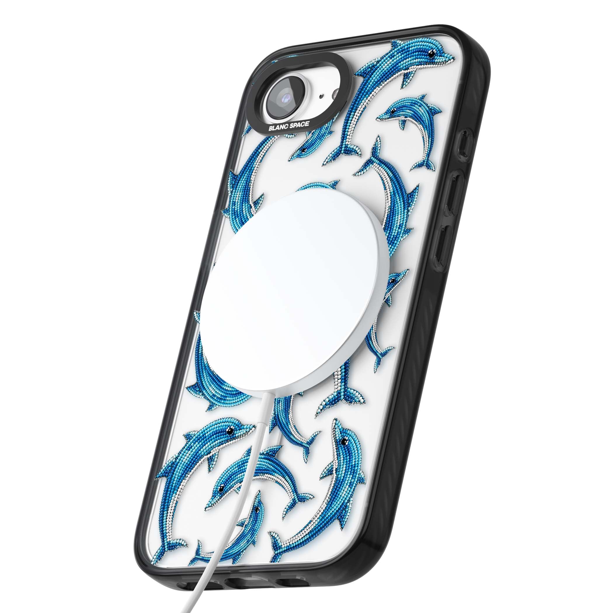 Beaded Dolphins coastal iPhone case featuring beaded dolphins in blue and white swimming across a clear background | Black Impact Magsafe case for iPhone 16e, iPhone 17e