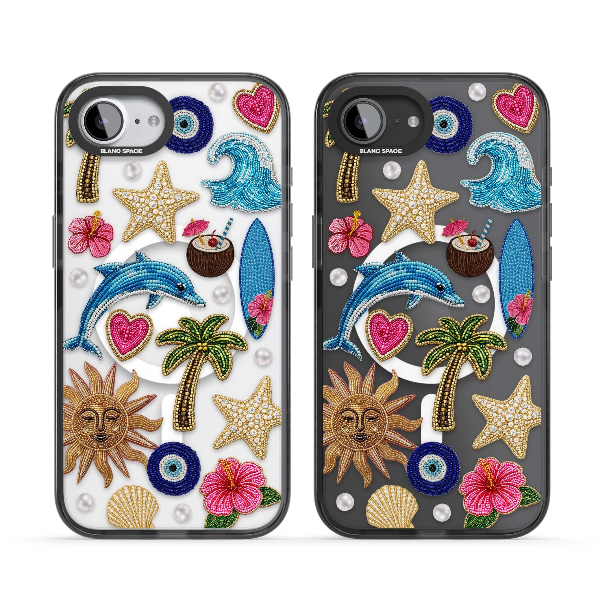 Beaded Beach coastal summer iPhone case featuring embroidered evil eye, hibiscus flowers, dolphin and palm tree patches | Black Impact Magsafe case for iPhone 16e, iPhone 17e