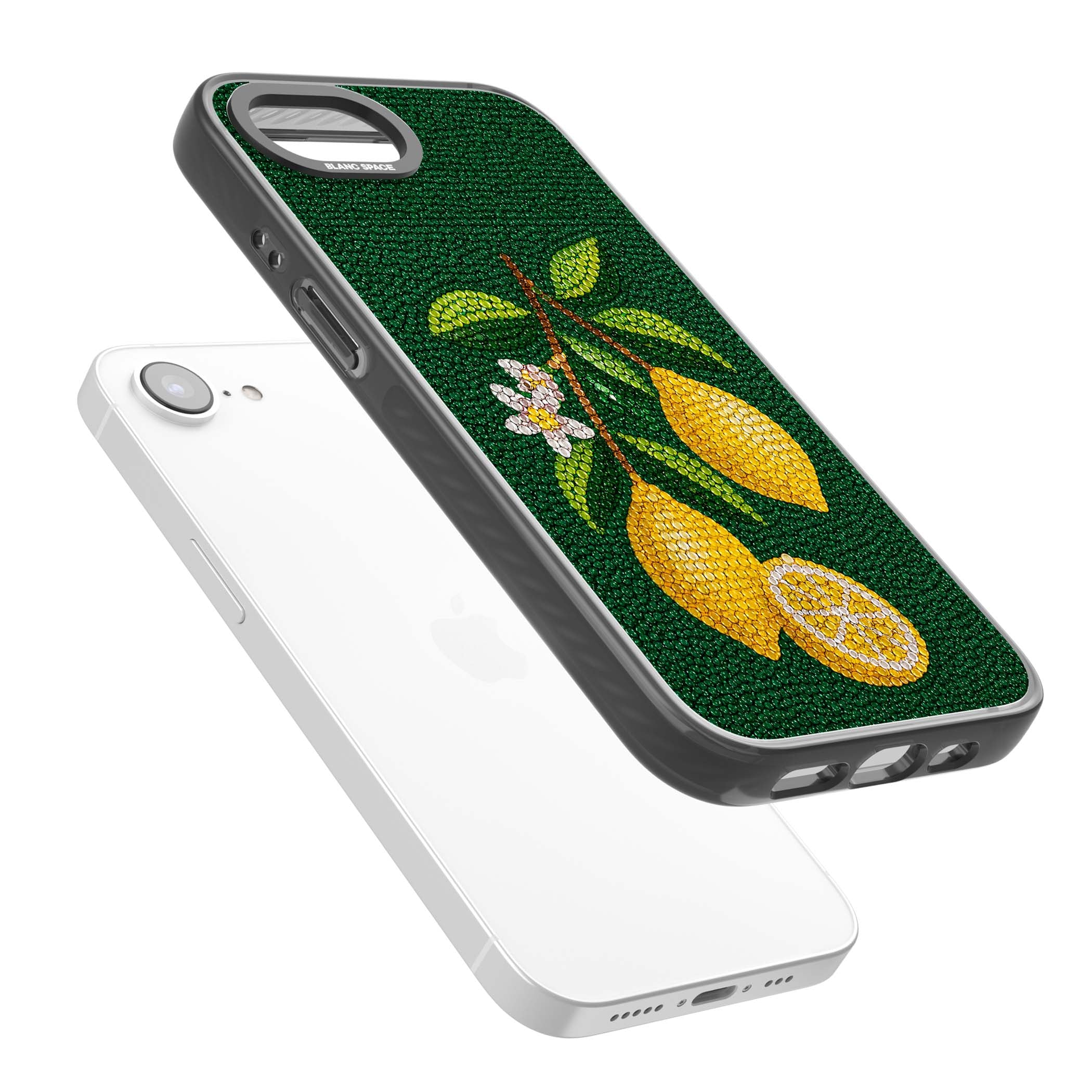Beaded Lemons coastal iPhone case featuring crystal-beaded lemons, citrus blossom and green leaves on emerald ground | Black Impact Magsafe case for iPhone 16e, iPhone 17e