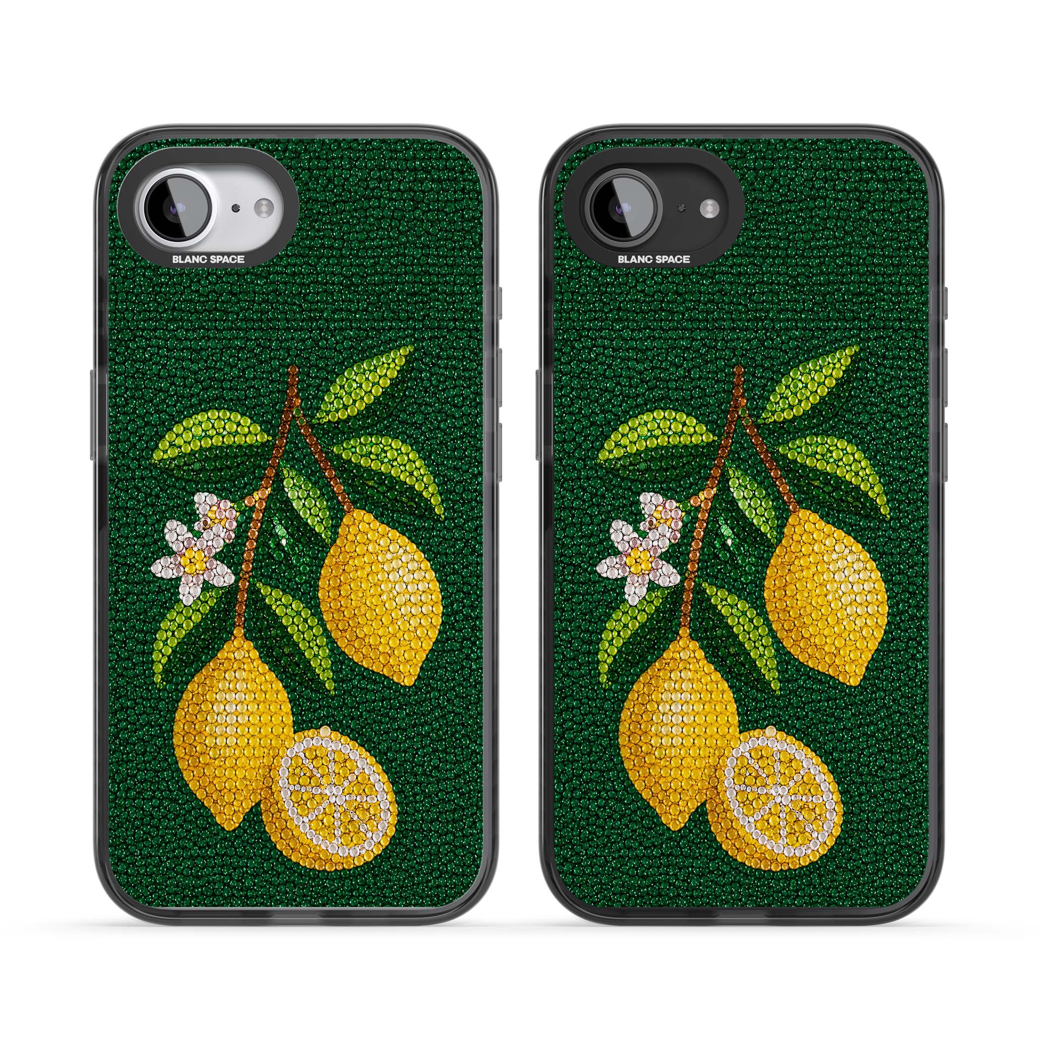 Beaded Lemons coastal iPhone case featuring crystal-beaded lemons, citrus blossom and green leaves on emerald ground | Black Impact Magsafe case for iPhone 16e, iPhone 17e