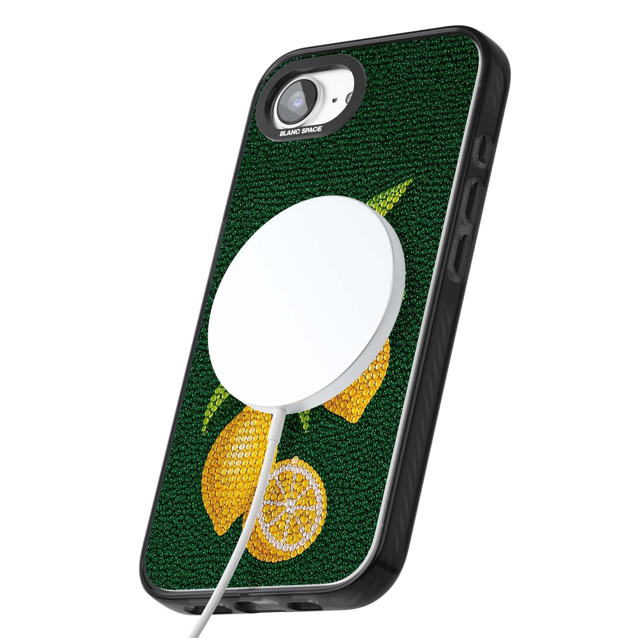 Beaded Lemons coastal iPhone case featuring crystal-beaded lemons, citrus blossom and green leaves on emerald ground | Black Impact Magsafe case for iPhone 16e, iPhone 17e