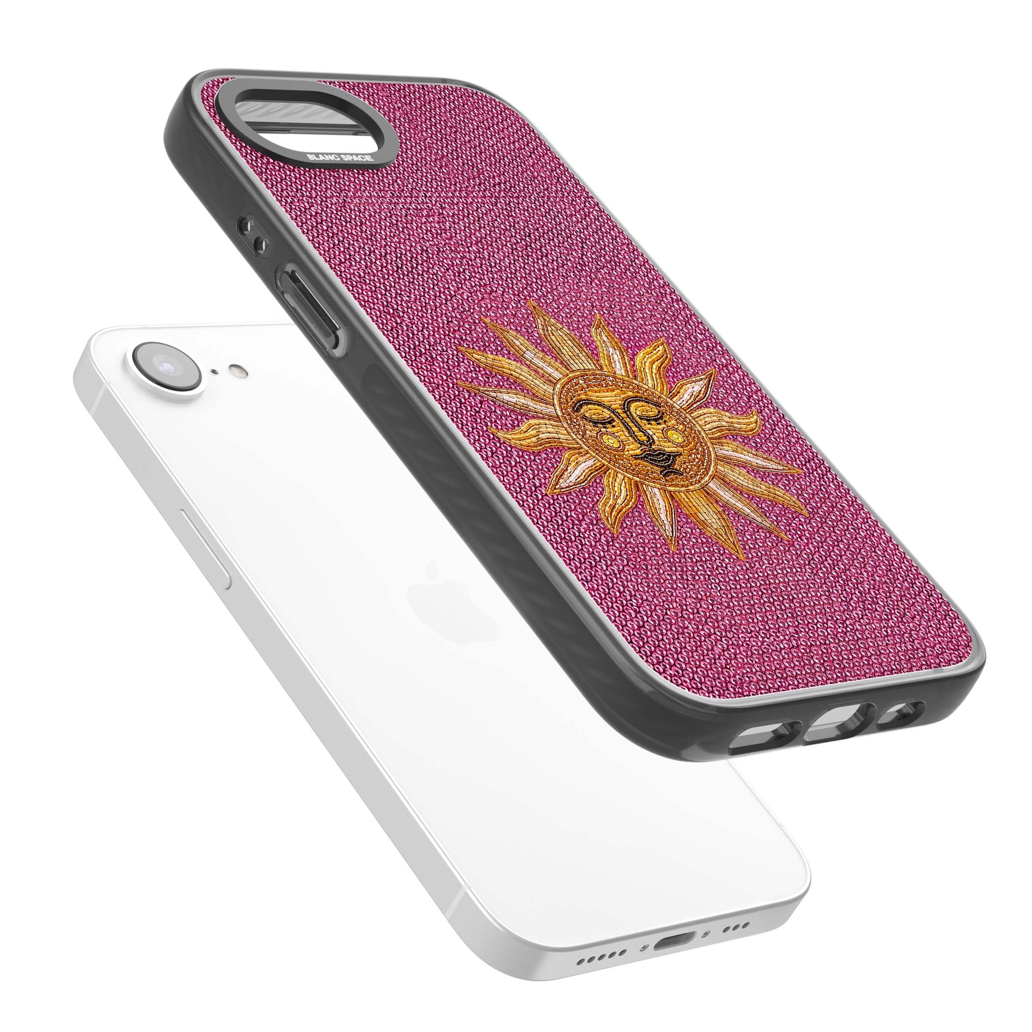 Beaded Sun celestial iPhone case featuring a golden beaded sun face with radiant rays on hot pink beaded background | Black Impact Magsafe case for iPhone 16e, iPhone 17e