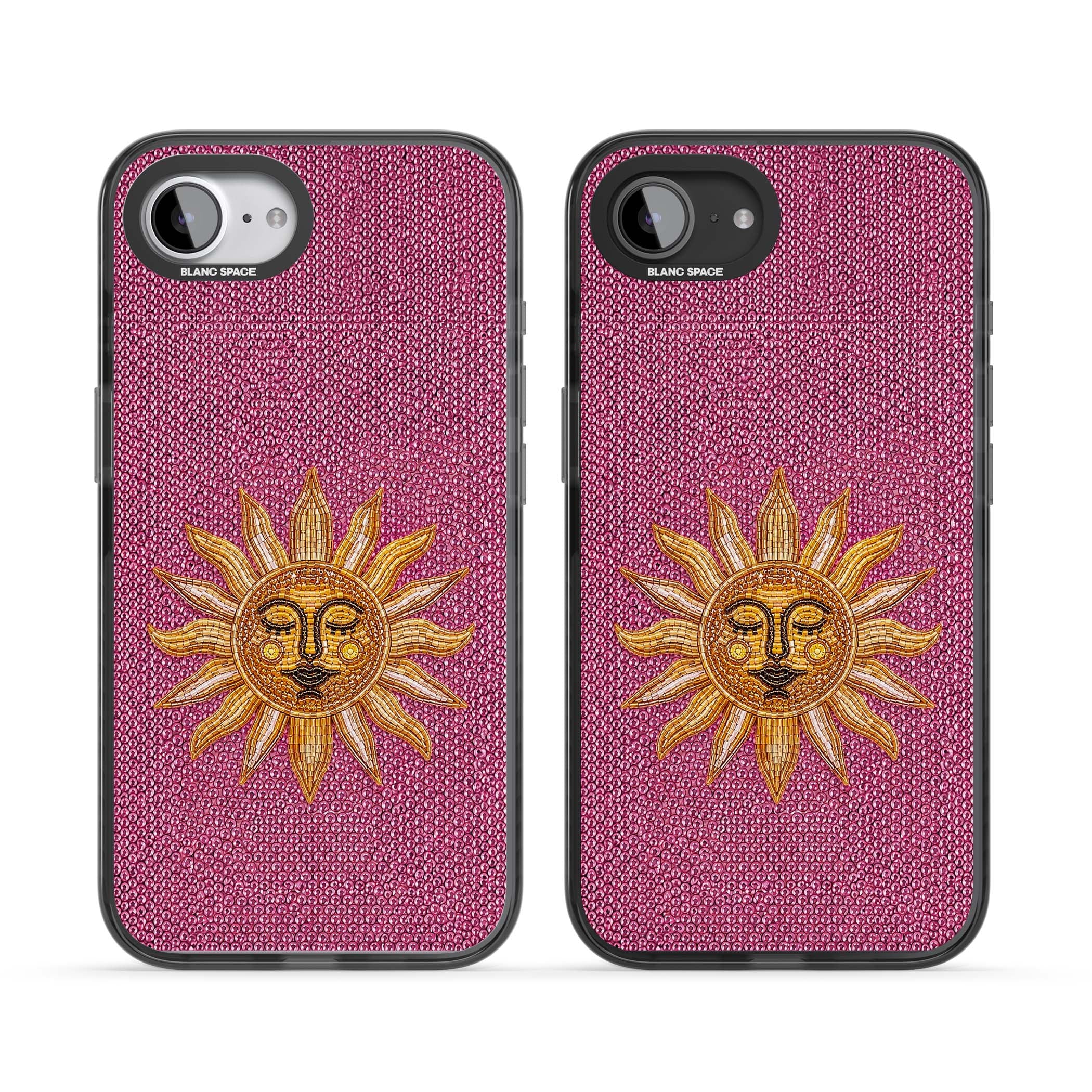 Beaded Sun celestial iPhone case featuring a golden beaded sun face with radiant rays on hot pink beaded background | Black Impact Magsafe case for iPhone 16e, iPhone 17e