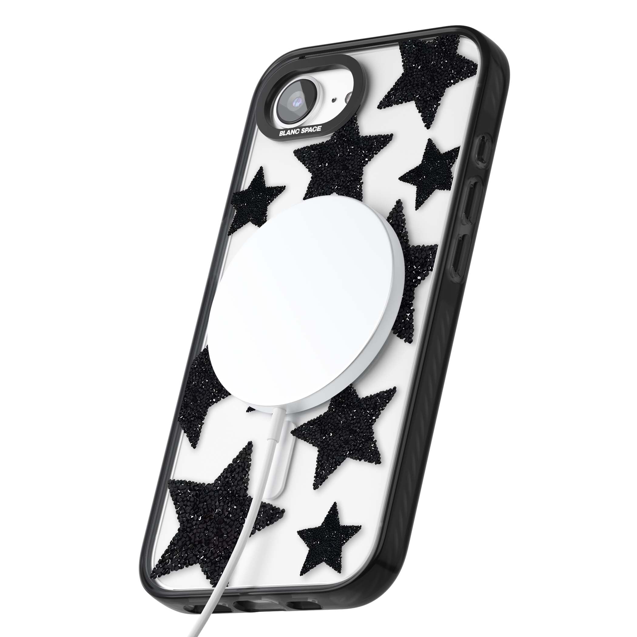 Beaded Black Stars celestial iPhone case featuring black glitter beaded stars scattered on a clear background | Black Impact Magsafe case for iPhone 16e, iPhone 17e