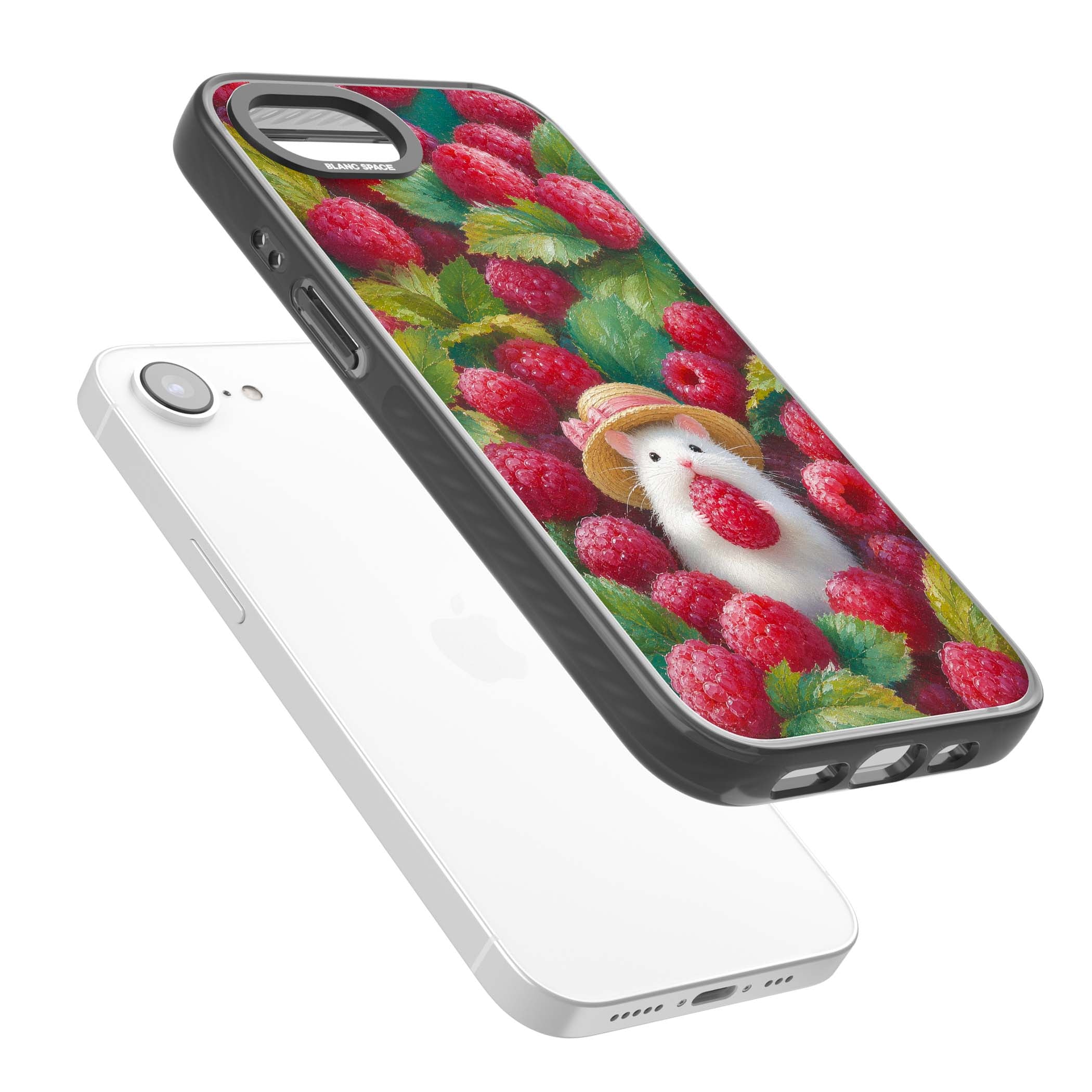 Berry Forager cottagecore iPhone case featuring a white hamster in a straw hat holding a raspberry surrounded by ripe ber | Black Impact Magsafe case for iPhone 16e, iPhone 17e