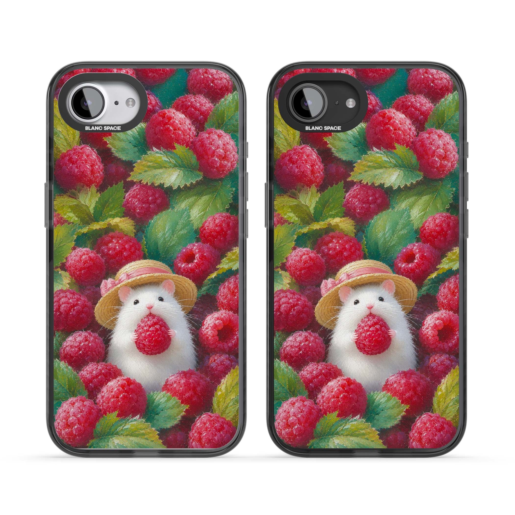 Berry Forager cottagecore iPhone case featuring a white hamster in a straw hat holding a raspberry surrounded by ripe ber | Black Impact Magsafe case for iPhone 16e, iPhone 17e