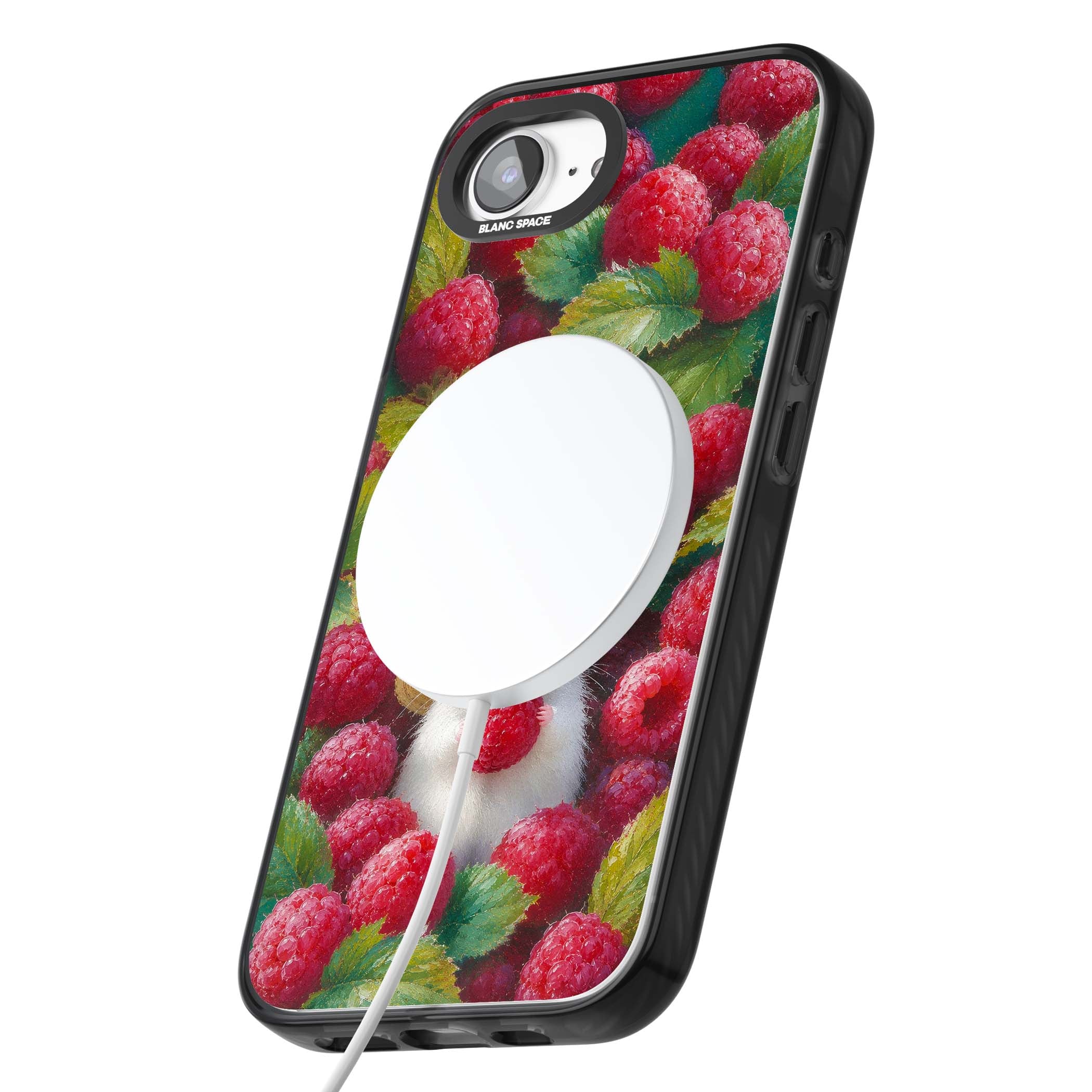 Berry Forager cottagecore iPhone case featuring a white hamster in a straw hat holding a raspberry surrounded by ripe ber | Black Impact Magsafe case for iPhone 16e, iPhone 17e