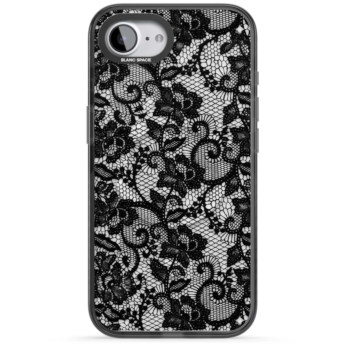 Black Lace gothic iPhone case featuring intricate black floral lace pattern with vintage whimsigoth detail | Black Impact Magsafe case for iPhone 16e, iPhone 17e