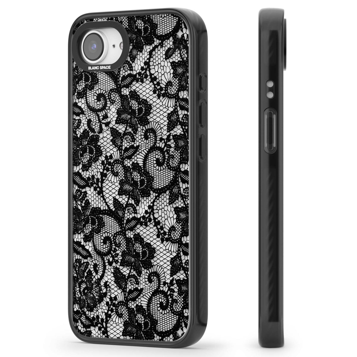 Black Lace gothic iPhone case featuring intricate black floral lace pattern with vintage whimsigoth detail | Black Impact Magsafe case for iPhone 16e, iPhone 17e