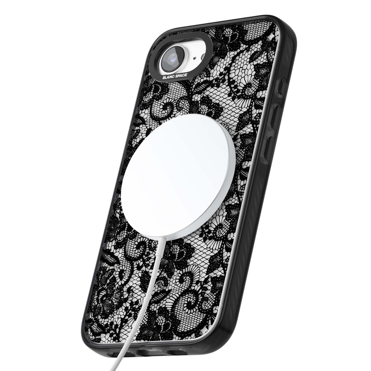 Black Lace gothic iPhone case featuring intricate black floral lace pattern with vintage whimsigoth detail | Black Impact Magsafe case for iPhone 16e, iPhone 17e