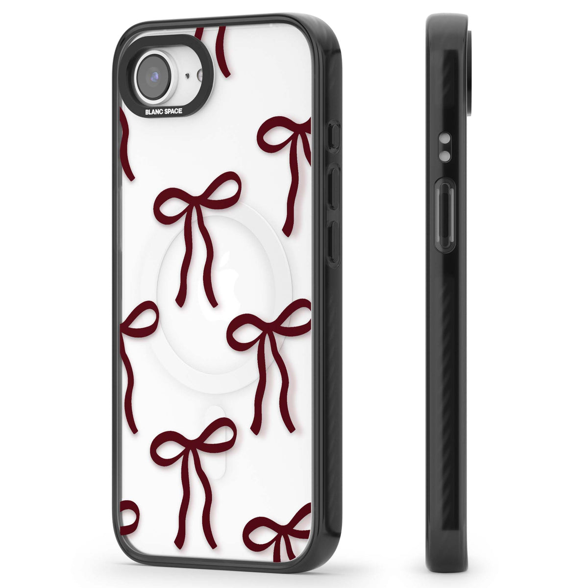 Burgundy Bows coquette iPhone case featuring hand-drawn burgundy red bows on a clear background | Black Impact Magsafe case for iPhone 16e, iPhone 17e