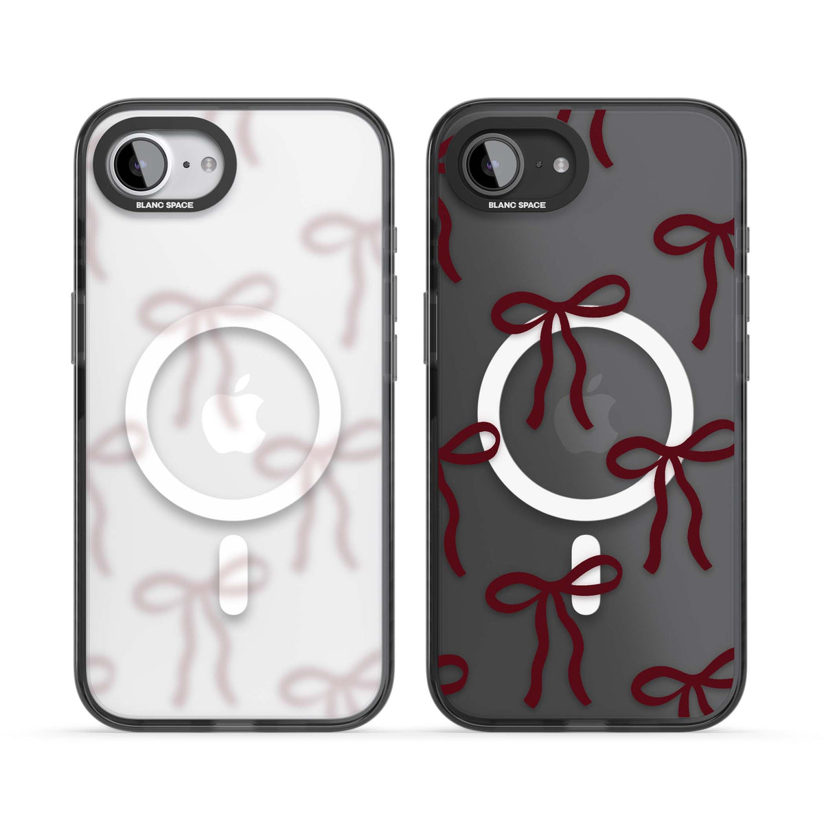 Burgundy Bows coquette iPhone case featuring hand-drawn burgundy red bows on a clear background | Black Impact Magsafe case for iPhone 16e, iPhone 17e