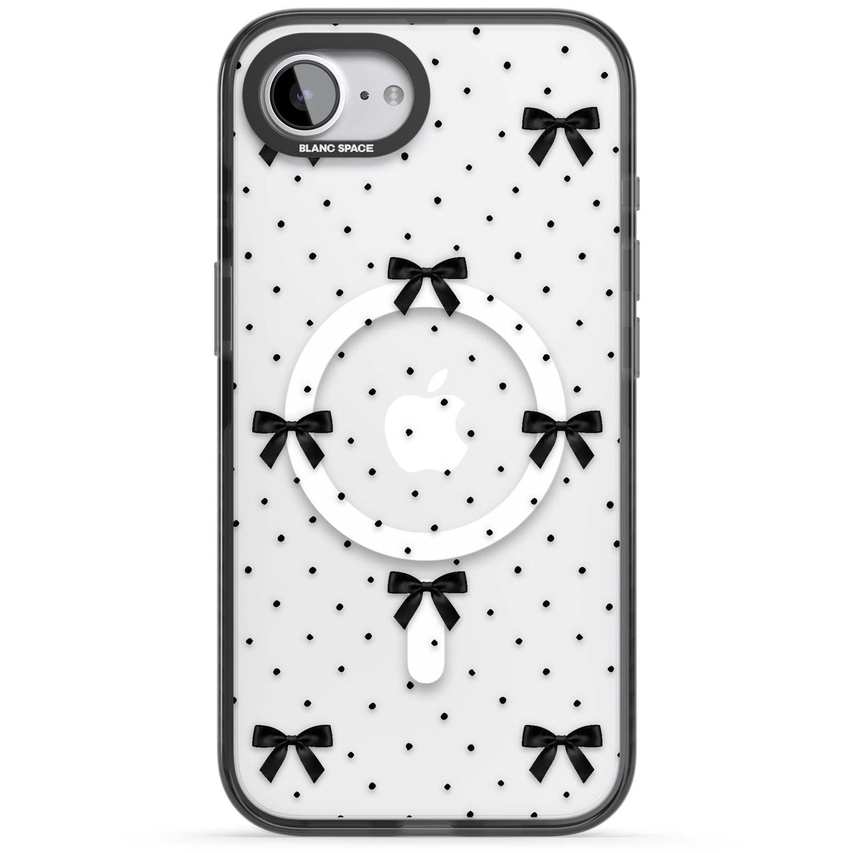 Black Polka Bows coquette iPhone case featuring scattered black satin bows and tiny polka dots on a clear base | Black Impact Magsafe case for iPhone 16e, iPhone 17e