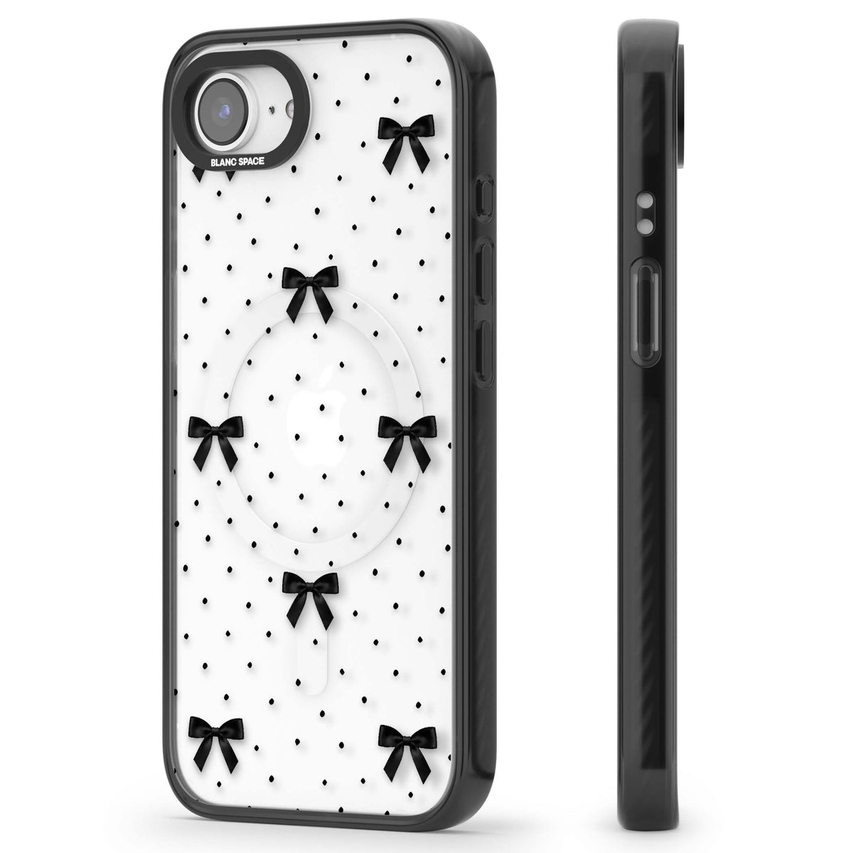 Black Polka Bows coquette iPhone case featuring scattered black satin bows and tiny polka dots on a clear base | Black Impact Magsafe case for iPhone 16e, iPhone 17e