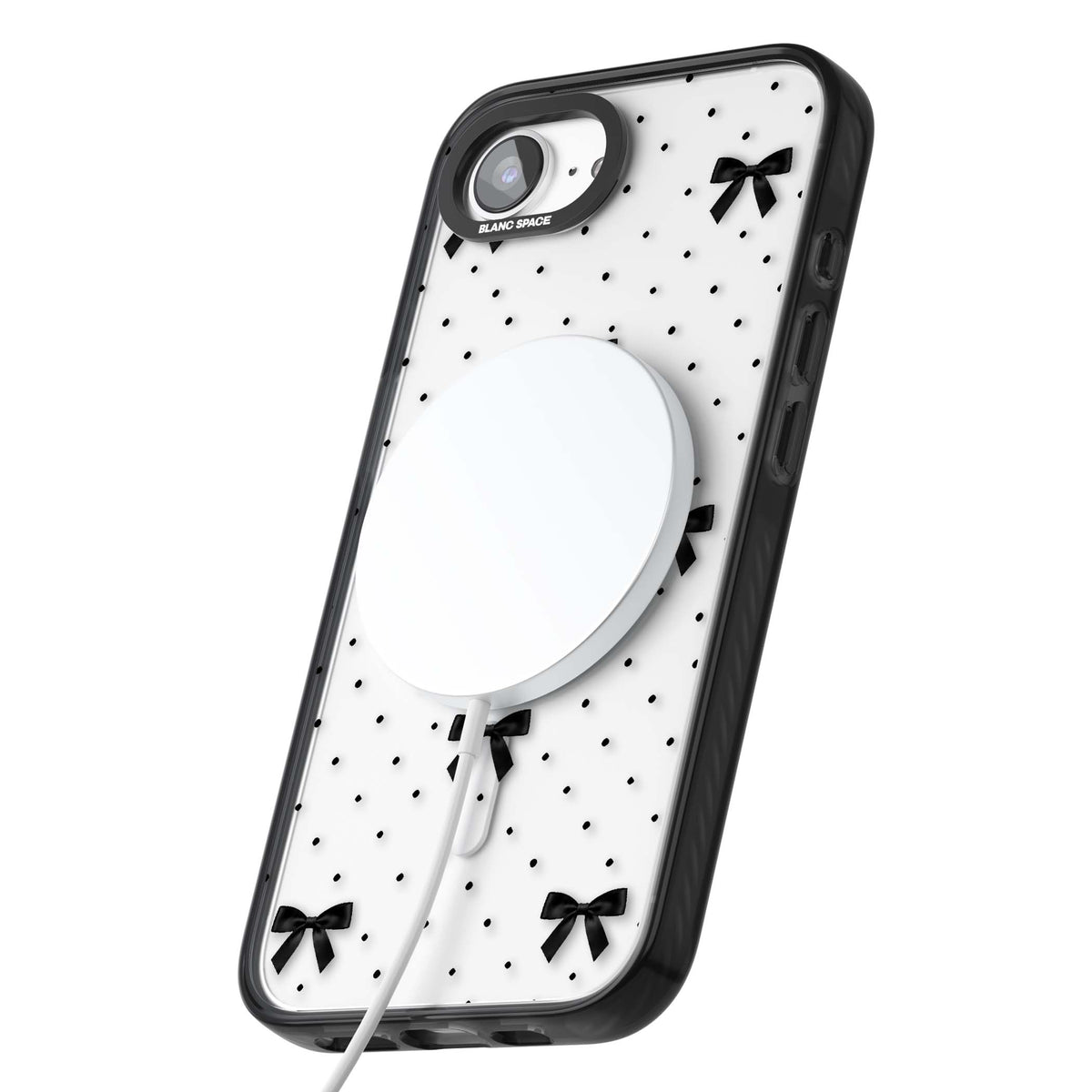 Black Polka Bows coquette iPhone case featuring scattered black satin bows and tiny polka dots on a clear base | Black Impact Magsafe case for iPhone 16e, iPhone 17e