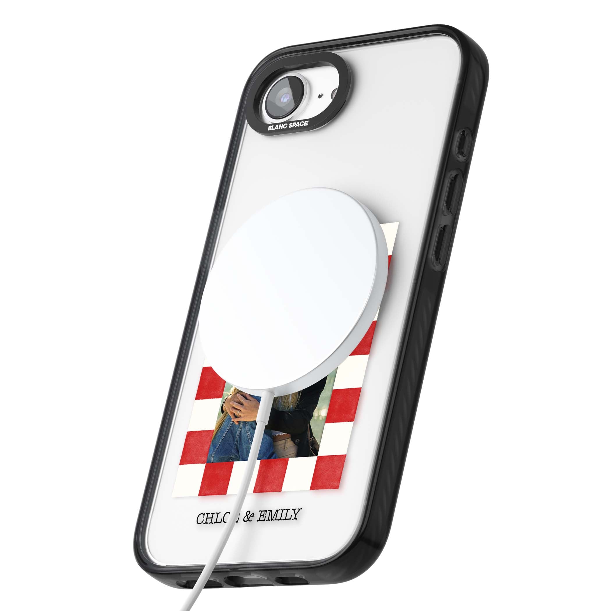 Red Check Photo personalised photo iPhone case with red and white checkered polaroid frame and custom couple name | Black Impact Magsafe case for iPhone 16e, iPhone 17e