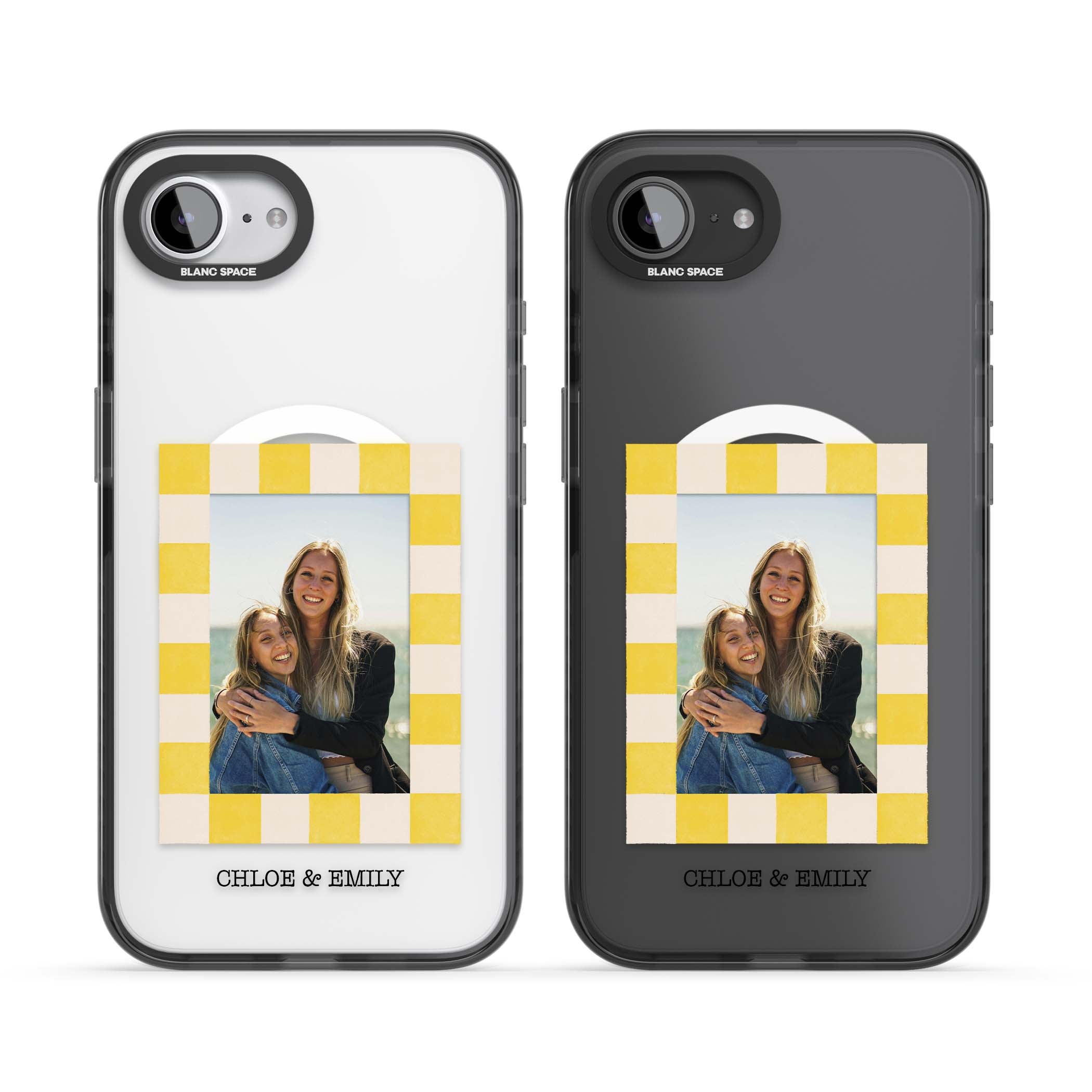 Yellow Check Photo personalised iPhone case with yellow checkered Polaroid frame and custom names beneath | Black Impact Magsafe case for iPhone 16e, iPhone 17e