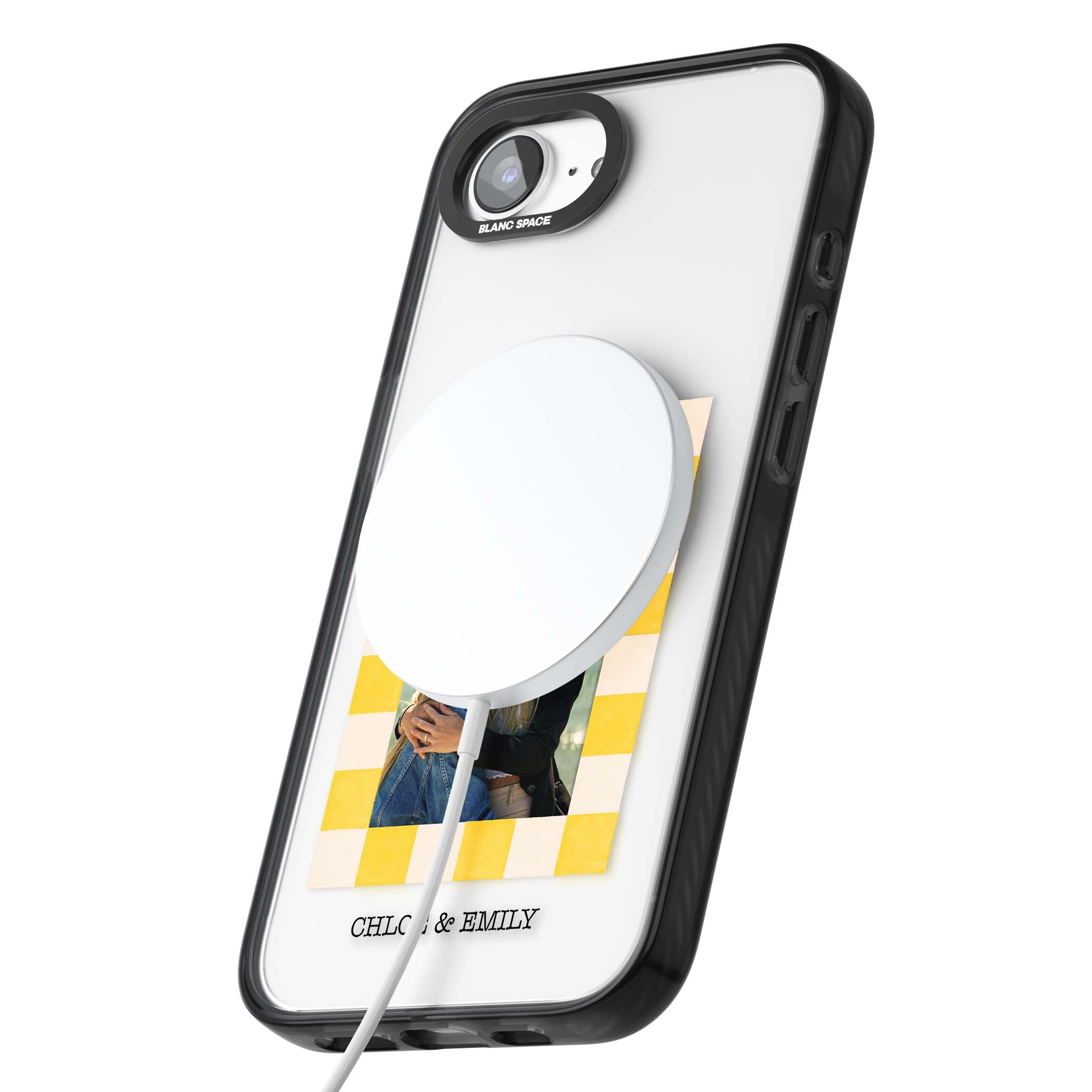 Yellow Check Photo personalised iPhone case with yellow checkered Polaroid frame and custom names beneath | Black Impact Magsafe case for iPhone 16e, iPhone 17e