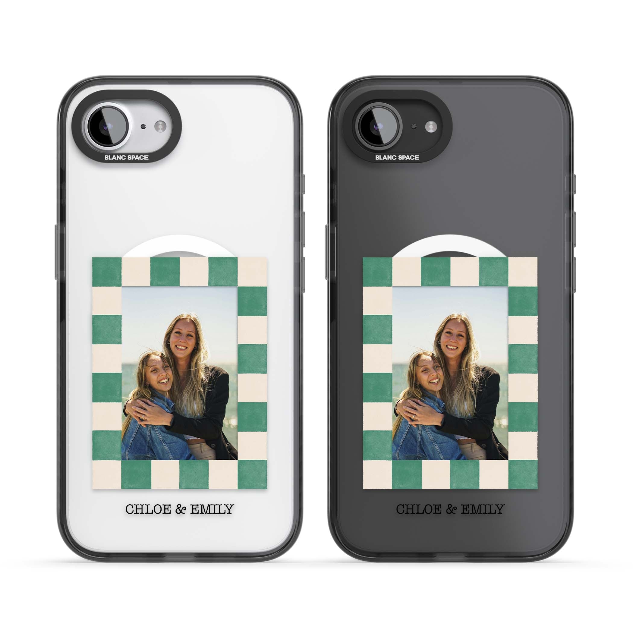 Seafoam Check Photo personalised iPhone case featuring a custom polaroid photo, green and cream checkered frame, and custom n | Black Impact Magsafe case for iPhone 16e, iPhone 17e