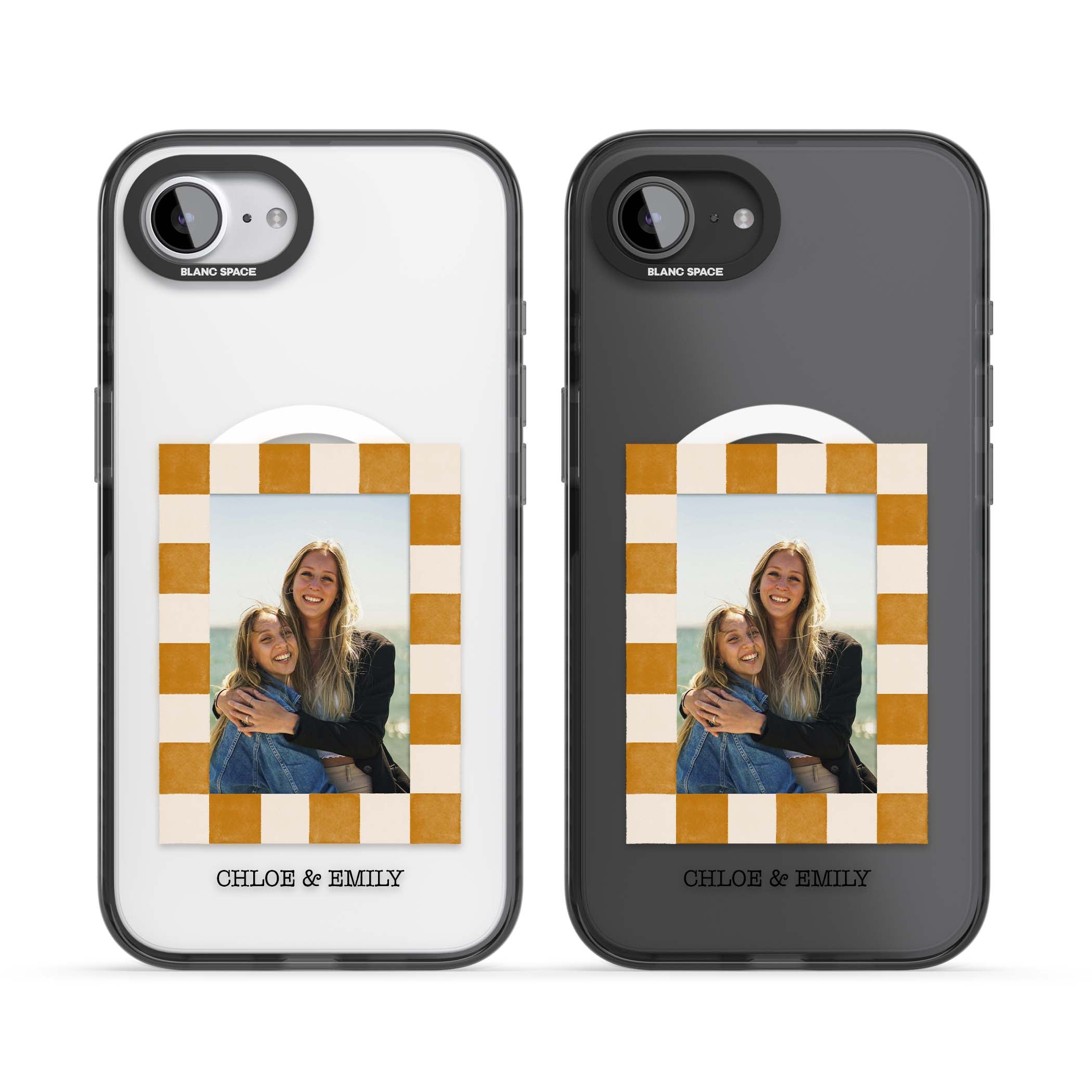 Citrus Check Photo personalised iPhone case with custom photo, orange checkered frame and names underneath | Black Impact Magsafe case for iPhone 16e, iPhone 17e
