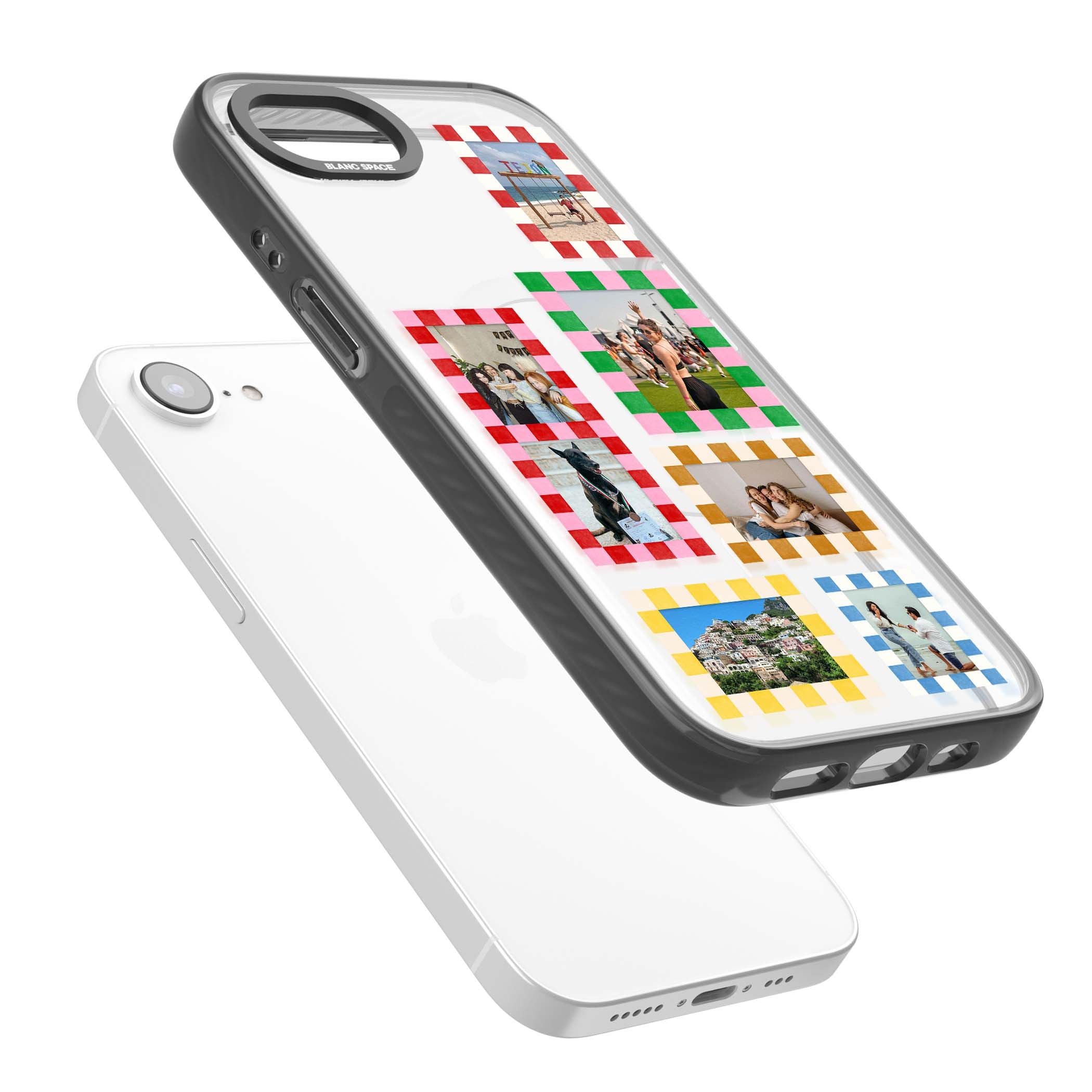 Italian Check Frames custom photo collage iPhone case featuring six checkered photo frames in red, green, pink and  | Black Impact Magsafe case for iPhone 16e, iPhone 17e
