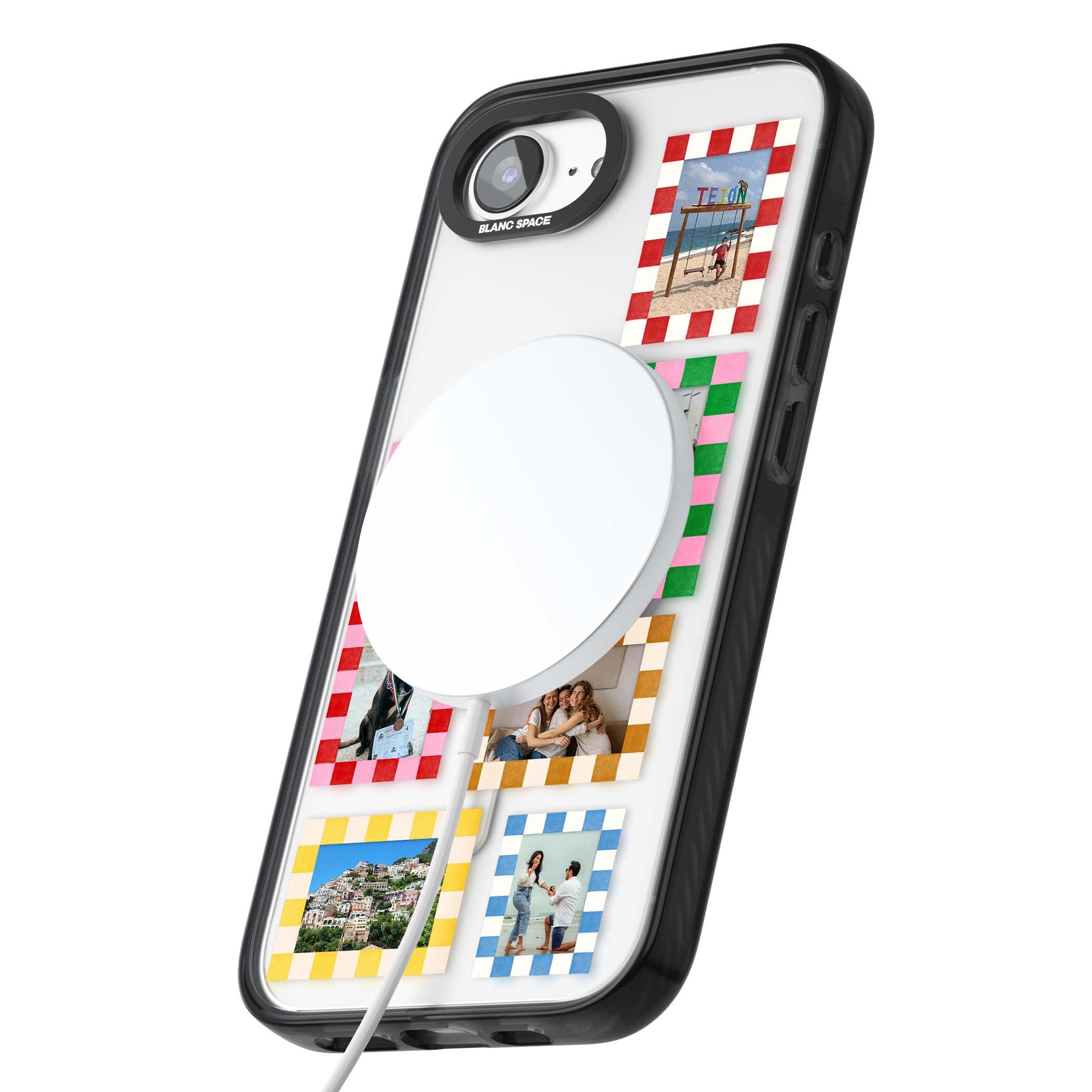 Italian Check Frames custom photo collage iPhone case featuring six checkered photo frames in red, green, pink and  | Black Impact Magsafe case for iPhone 16e, iPhone 17e