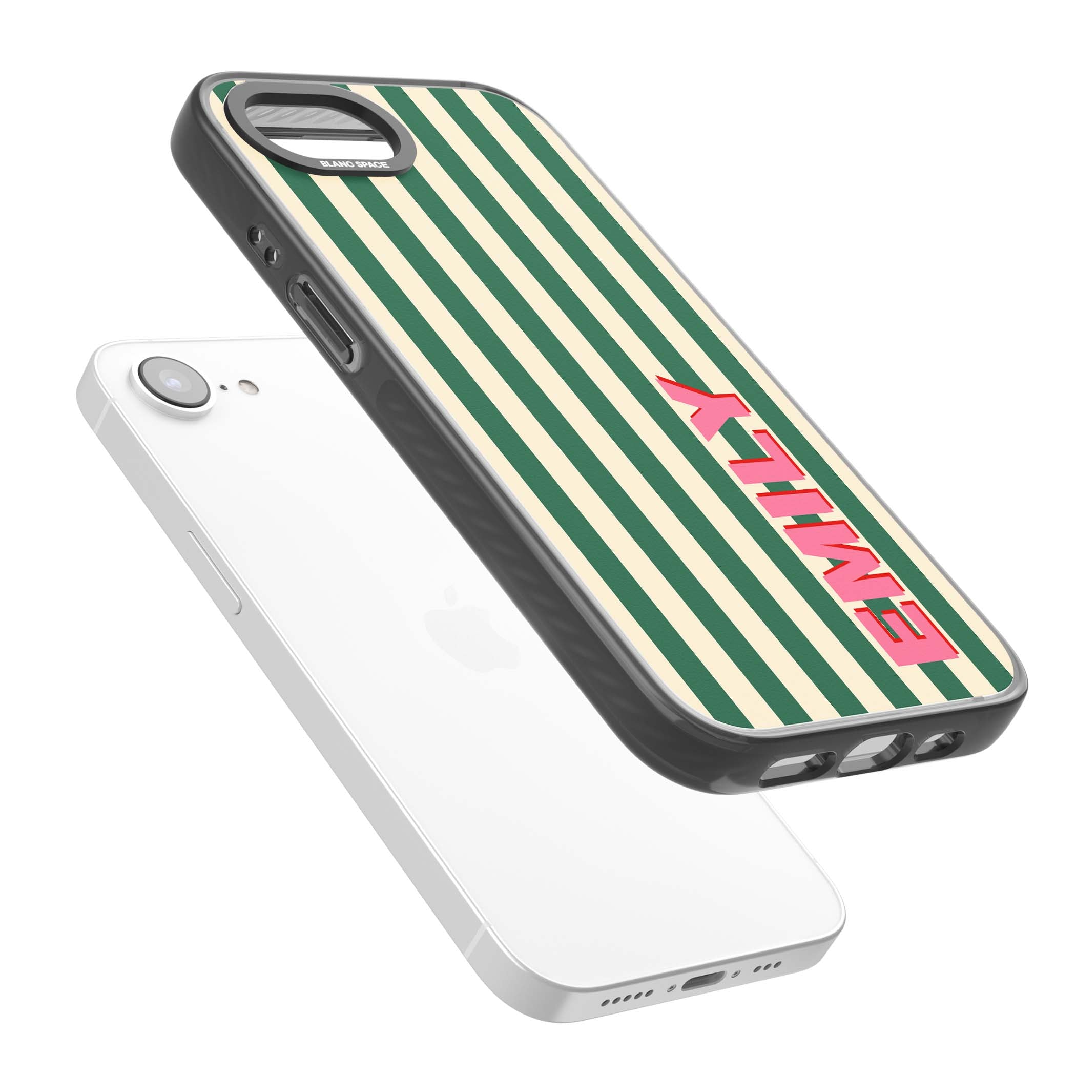 Wimbledon Stripe preppy iPhone case featuring green and cream vertical stripes with a personalised pink name | Black Impact Magsafe case for iPhone 16e, iPhone 17e