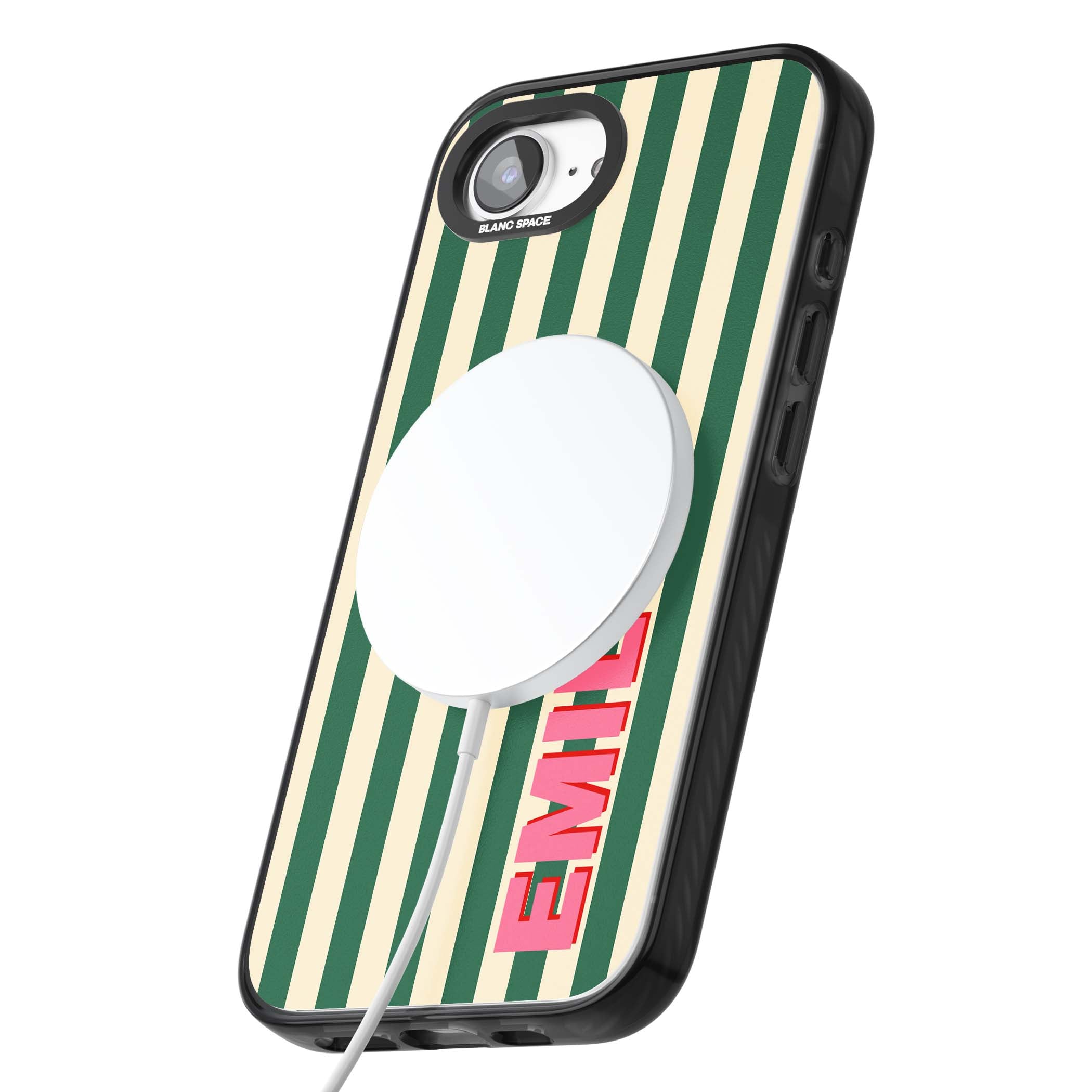 Wimbledon Stripe preppy iPhone case featuring green and cream vertical stripes with a personalised pink name | Black Impact Magsafe case for iPhone 16e, iPhone 17e