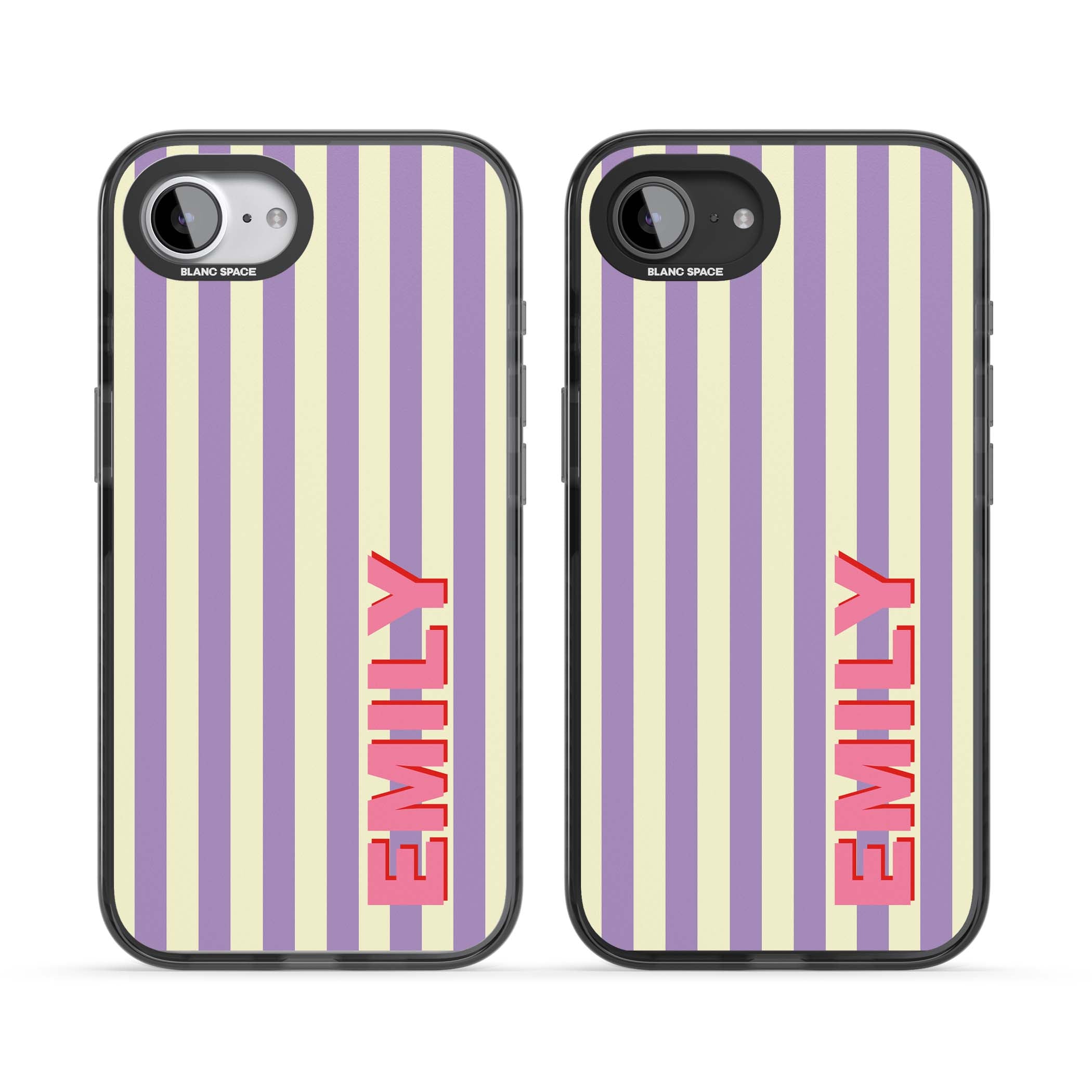 Valensole Stripe personalised iPhone case with purple and cream vertical stripes and pink custom name | Black Impact Magsafe case for iPhone 16e, iPhone 17e