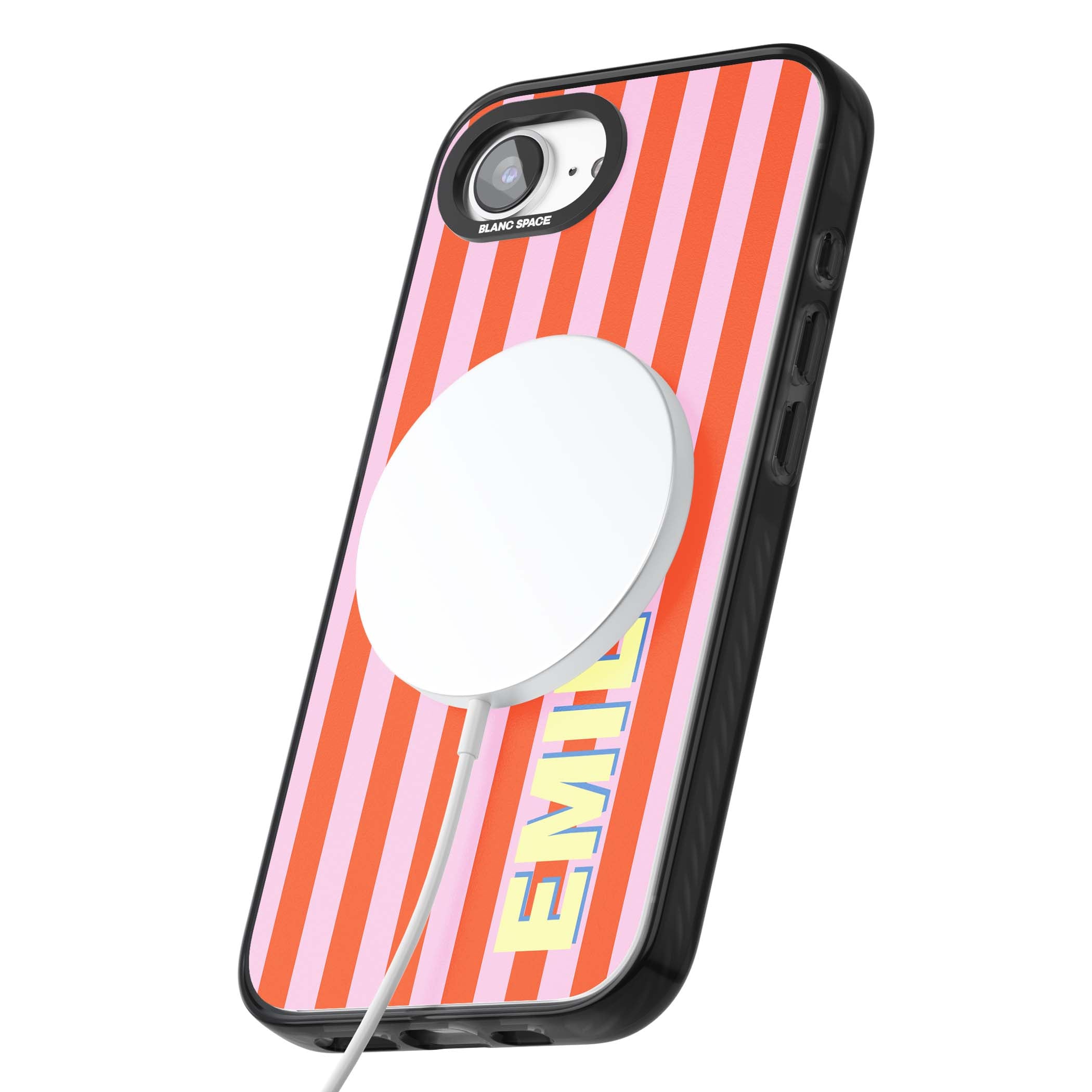 Havana Stripe personalised iPhone case featuring pink and orange vertical stripes with a custom yellow name | Black Impact Magsafe case for iPhone 16e, iPhone 17e