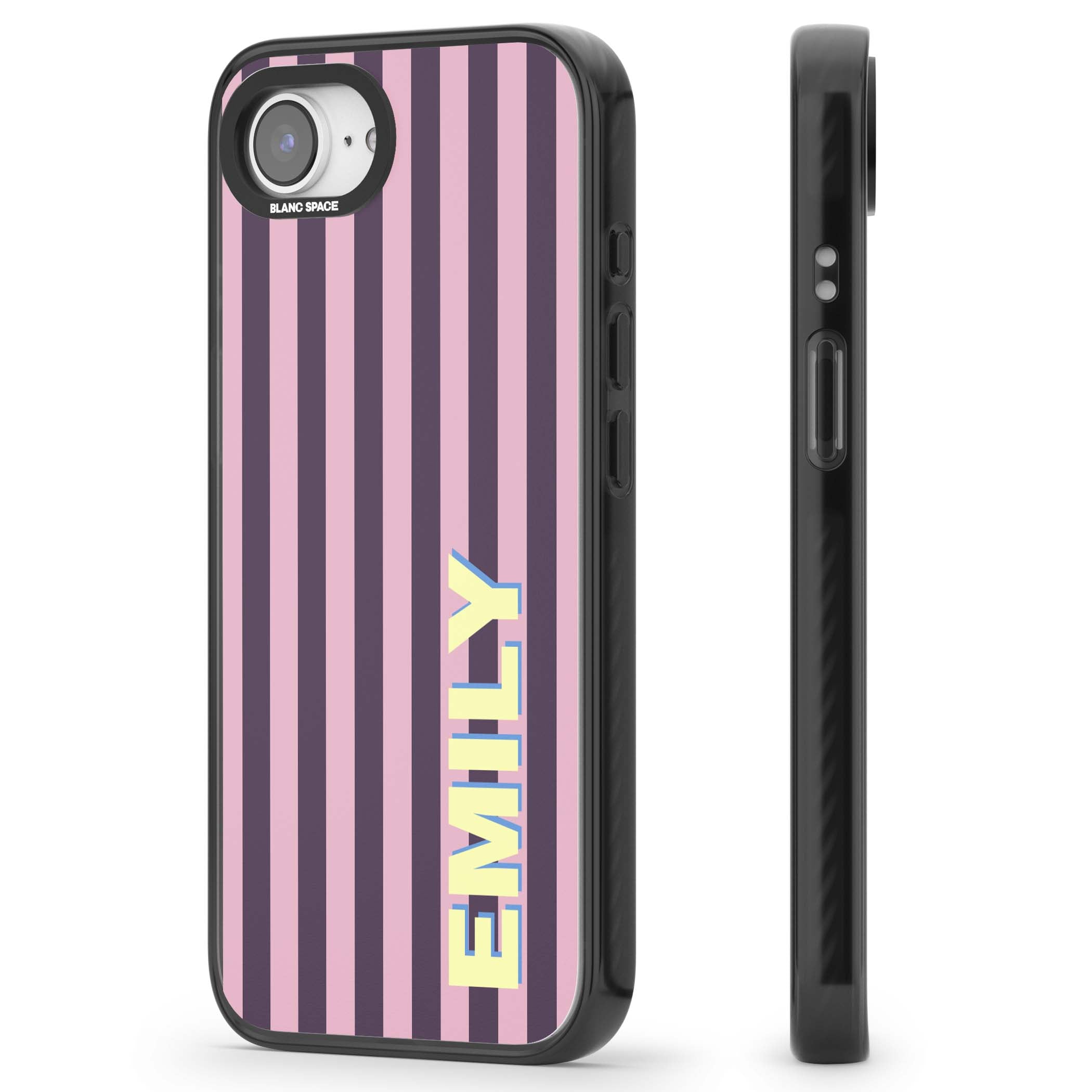 Tyre Stripe personalised stripe iPhone case with plum and pink vertical stripes and custom yellow name | Black Impact Magsafe case for iPhone 16e, iPhone 17e