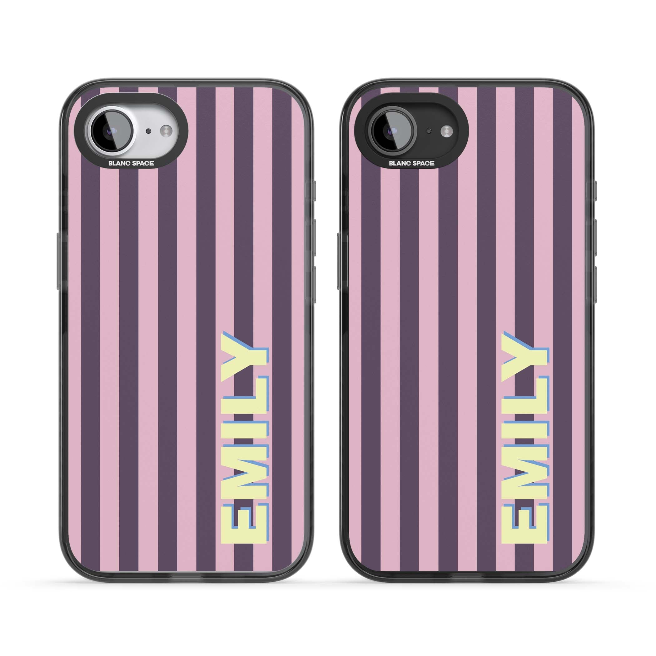 Tyre Stripe personalised stripe iPhone case with plum and pink vertical stripes and custom yellow name | Black Impact Magsafe case for iPhone 16e, iPhone 17e