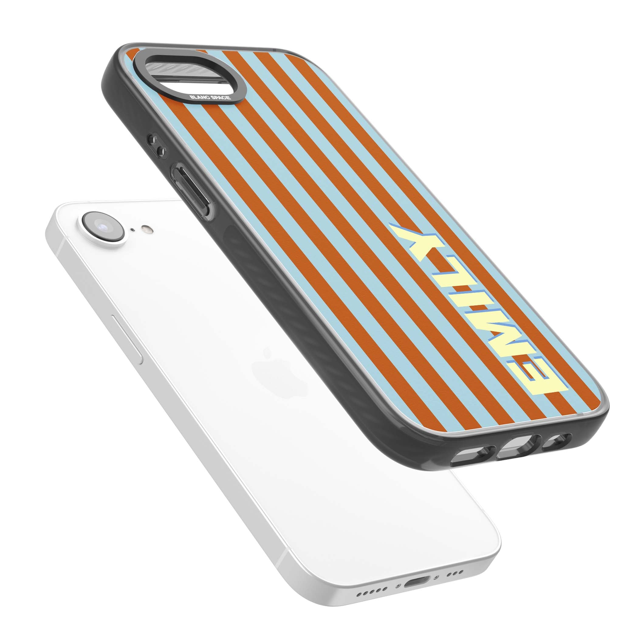 Cappadocia Stripe personalised coastal iPhone case featuring blue and orange vertical stripes with custom cream name | Black Impact Magsafe case for iPhone 16e, iPhone 17e