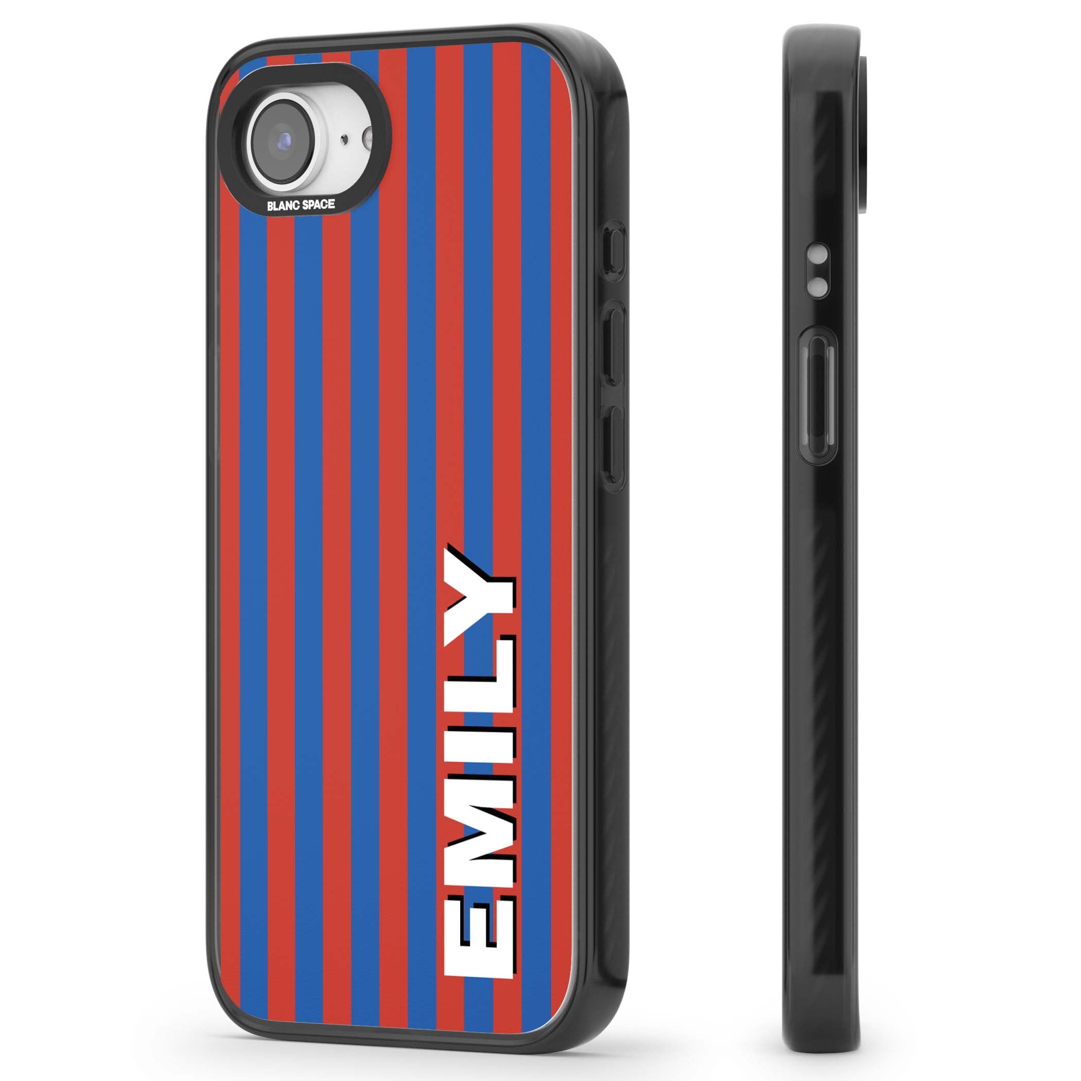 Cuban Stripe personalised iPhone case featuring red and blue vertical stripes with custom name in bold white letters | Black Impact Magsafe case for iPhone 16e, iPhone 17e
