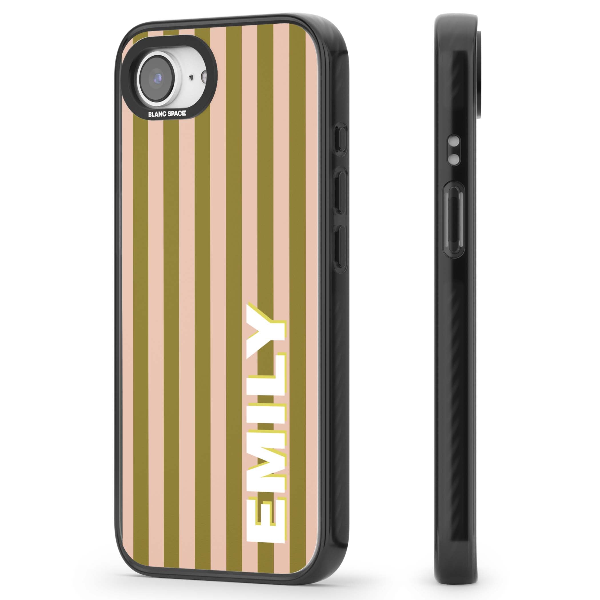 Indian Stripe personalised iPhone case featuring olive green and blush pink vertical stripes with custom name in whit | Black Impact Magsafe case for iPhone 16e, iPhone 17e