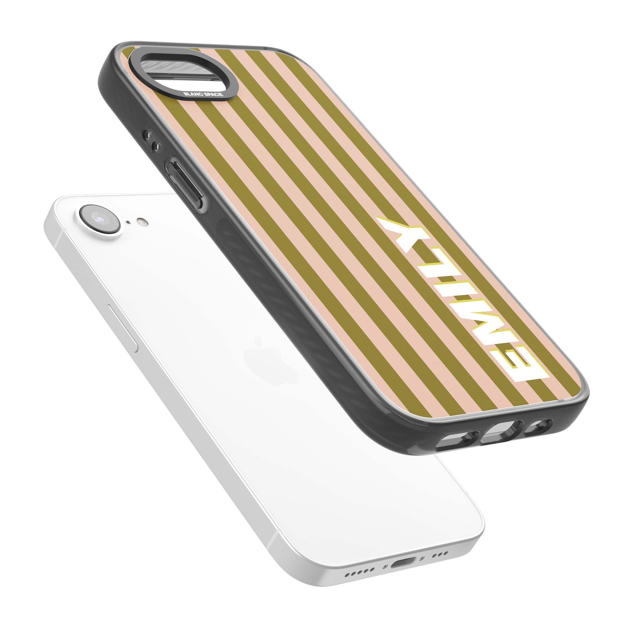 Indian Stripe personalised iPhone case featuring olive green and blush pink vertical stripes with custom name in whit | Black Impact Magsafe case for iPhone 16e, iPhone 17e