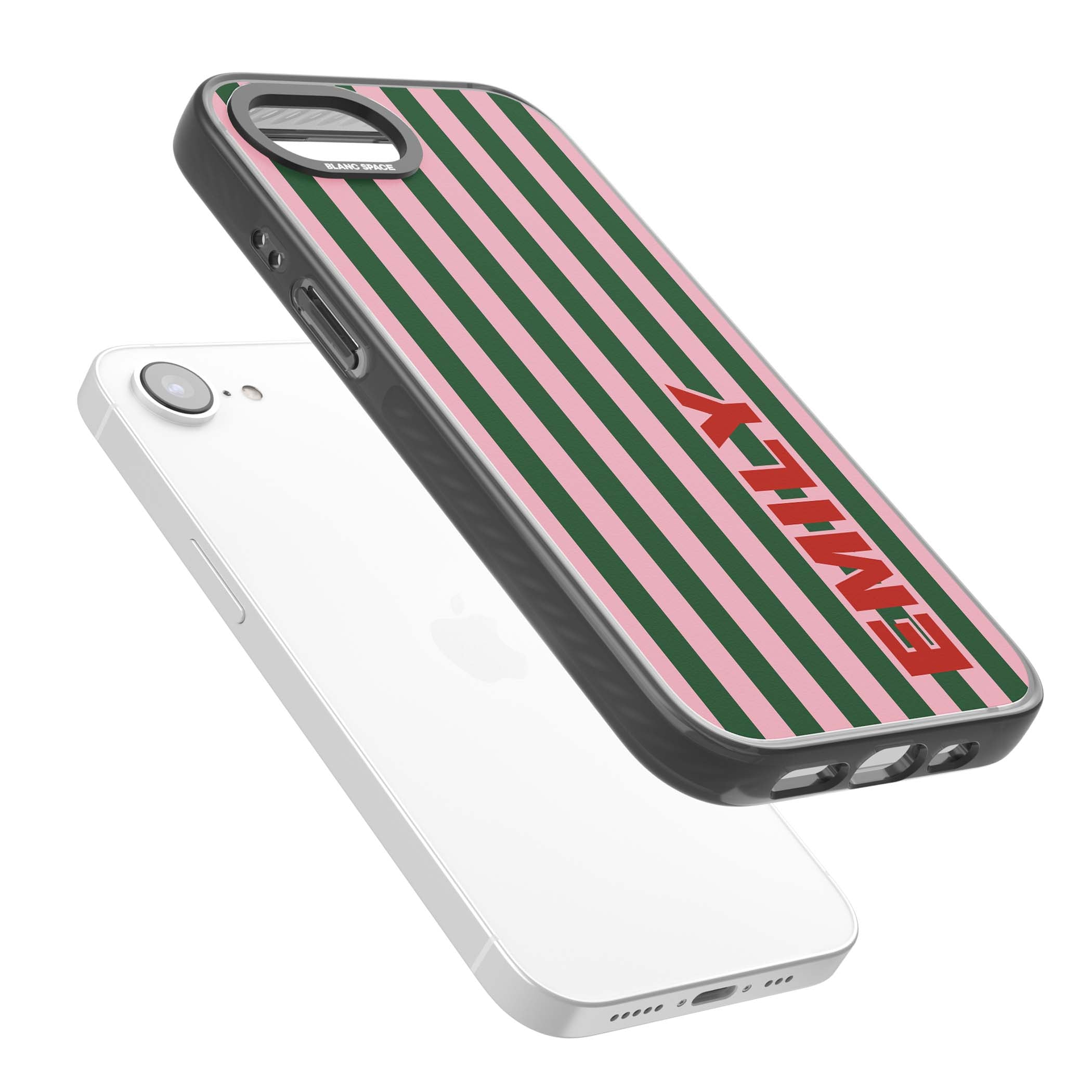 Italian Stripe preppy iPhone case featuring pink and green vertical stripes with personalised red name | Black Impact Magsafe case for iPhone 16e, iPhone 17e