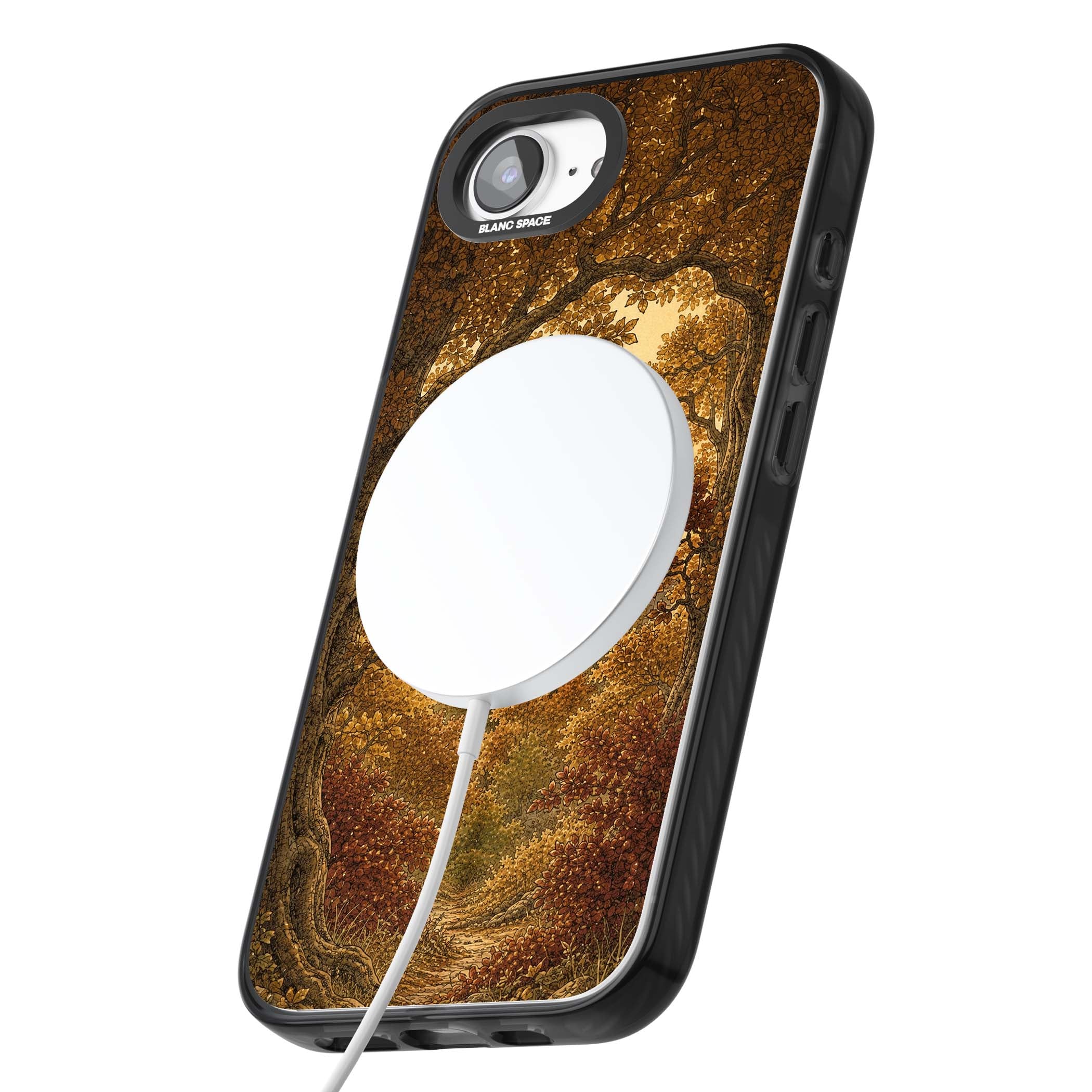Autumn Keep cottagecore iPhone case featuring a medieval castle tower framed by golden autumn trees and woodland foliage | Black Impact Magsafe case for iPhone 16e, iPhone 17e