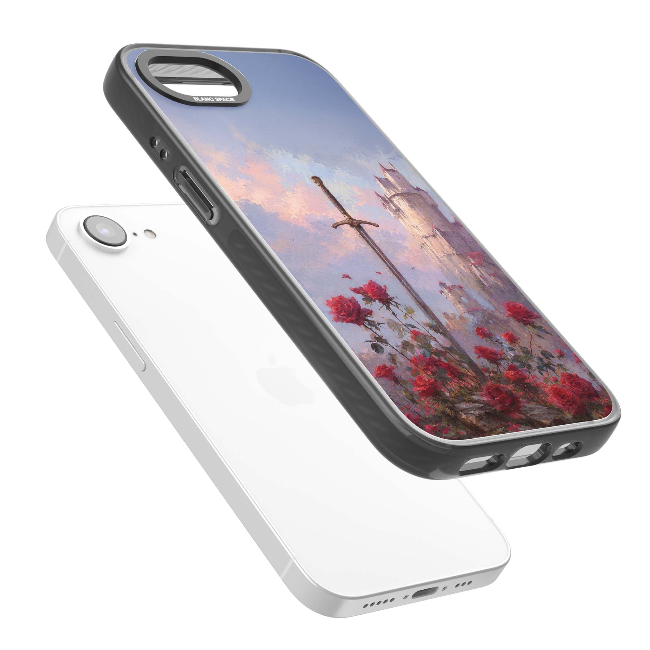 Sword in Roses medieval art iPhone case featuring a sword, red roses, and a misty fairytale castle at sunset | Black Impact Magsafe case for iPhone 16e, iPhone 17e