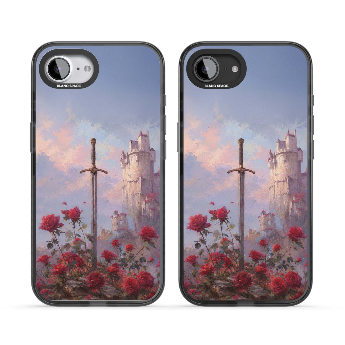 Sword in Roses medieval art iPhone case featuring a sword, red roses, and a misty fairytale castle at sunset | Black Impact Magsafe case for iPhone 16e, iPhone 17e