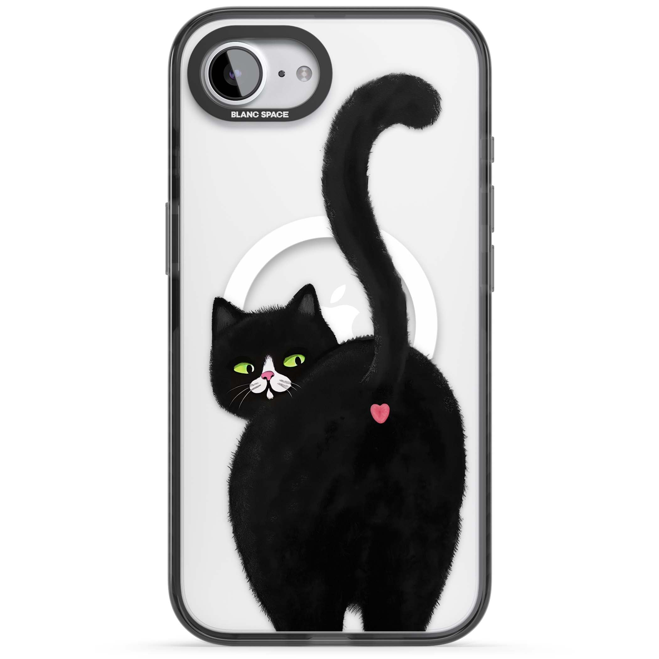 The Cat's Kiss cute cat iPhone case featuring a hand-painted tuxedo kitty with green eyes and a pink heart on a clear  | Black Impact Magsafe case for iPhone 16e, iPhone 17e