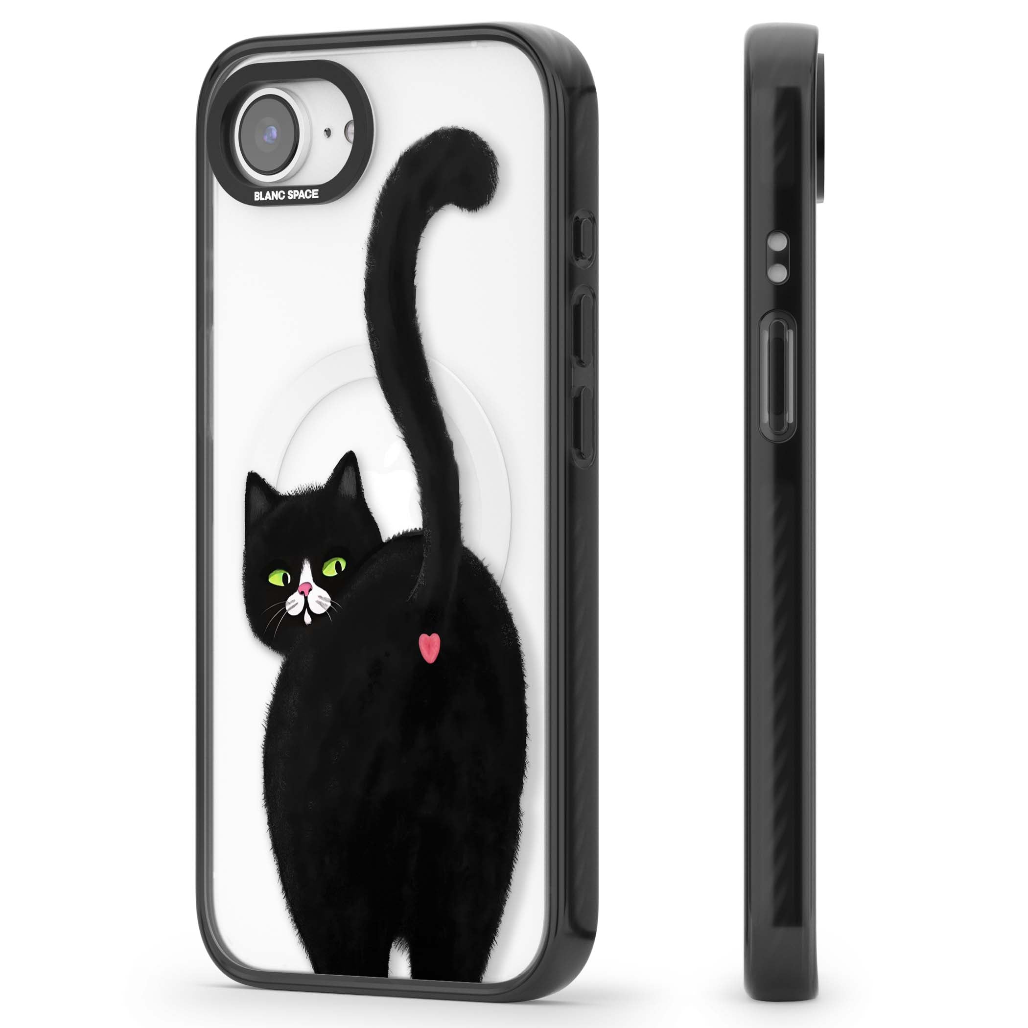 The Cat's Kiss cute cat iPhone case featuring a hand-painted tuxedo kitty with green eyes and a pink heart on a clear  | Black Impact Magsafe case for iPhone 16e, iPhone 17e