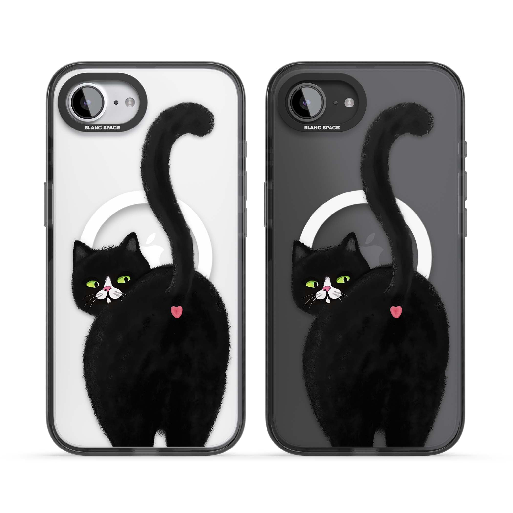 The Cat's Kiss cute cat iPhone case featuring a hand-painted tuxedo kitty with green eyes and a pink heart on a clear  | Black Impact Magsafe case for iPhone 16e, iPhone 17e