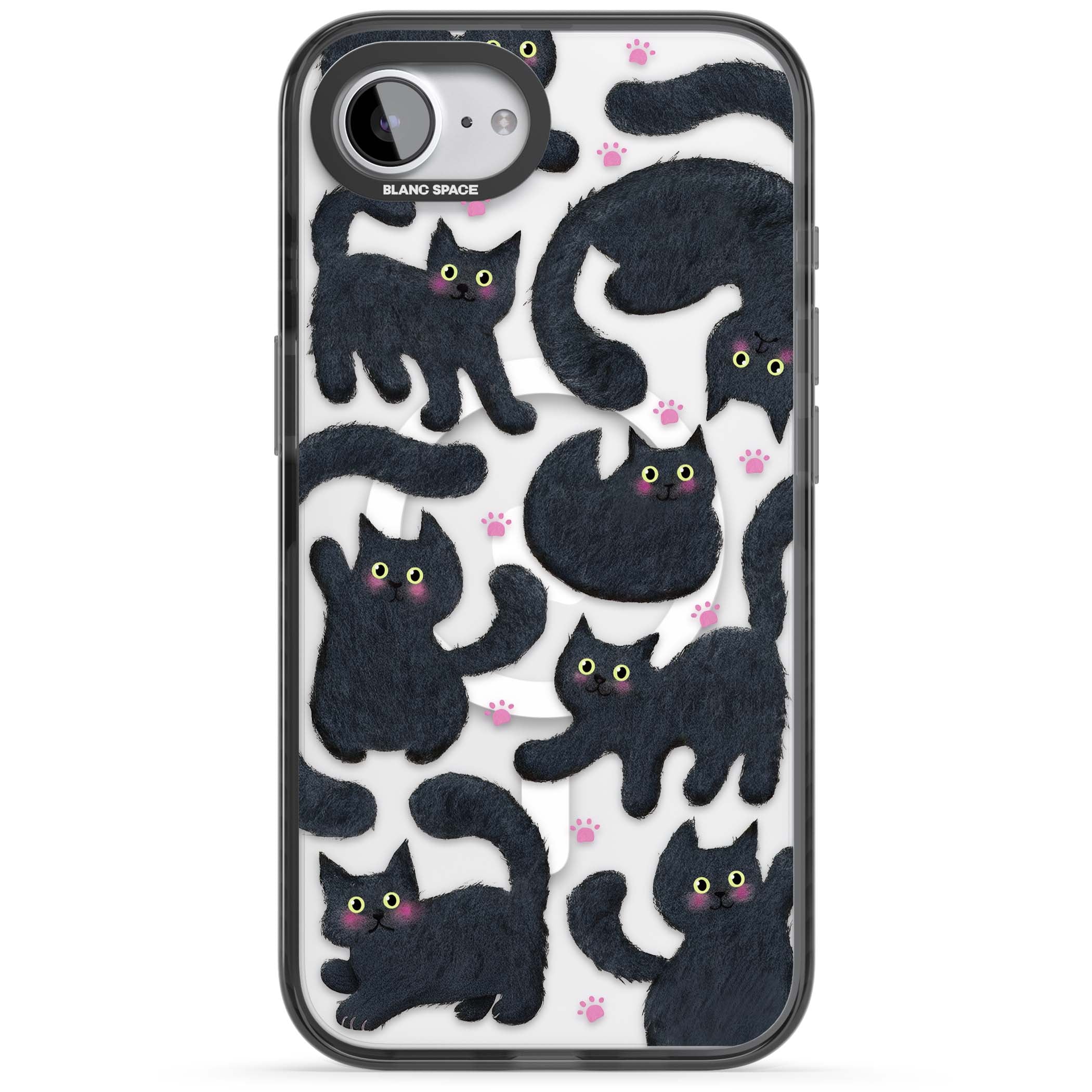Midnight Cats cute iPhone case featuring black cat pattern with yellow eyes and pink paw prints | Black Impact Magsafe case for iPhone 16e, iPhone 17e