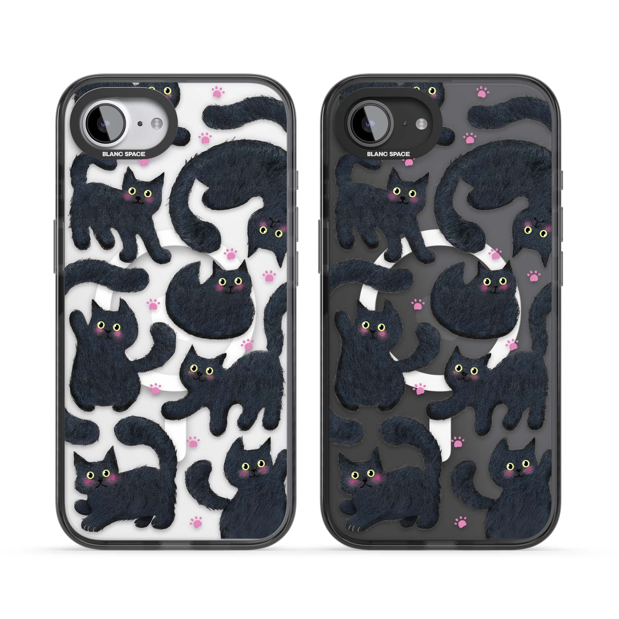 Midnight Cats cute iPhone case featuring black cat pattern with yellow eyes and pink paw prints | Black Impact Magsafe case for iPhone 16e, iPhone 17e