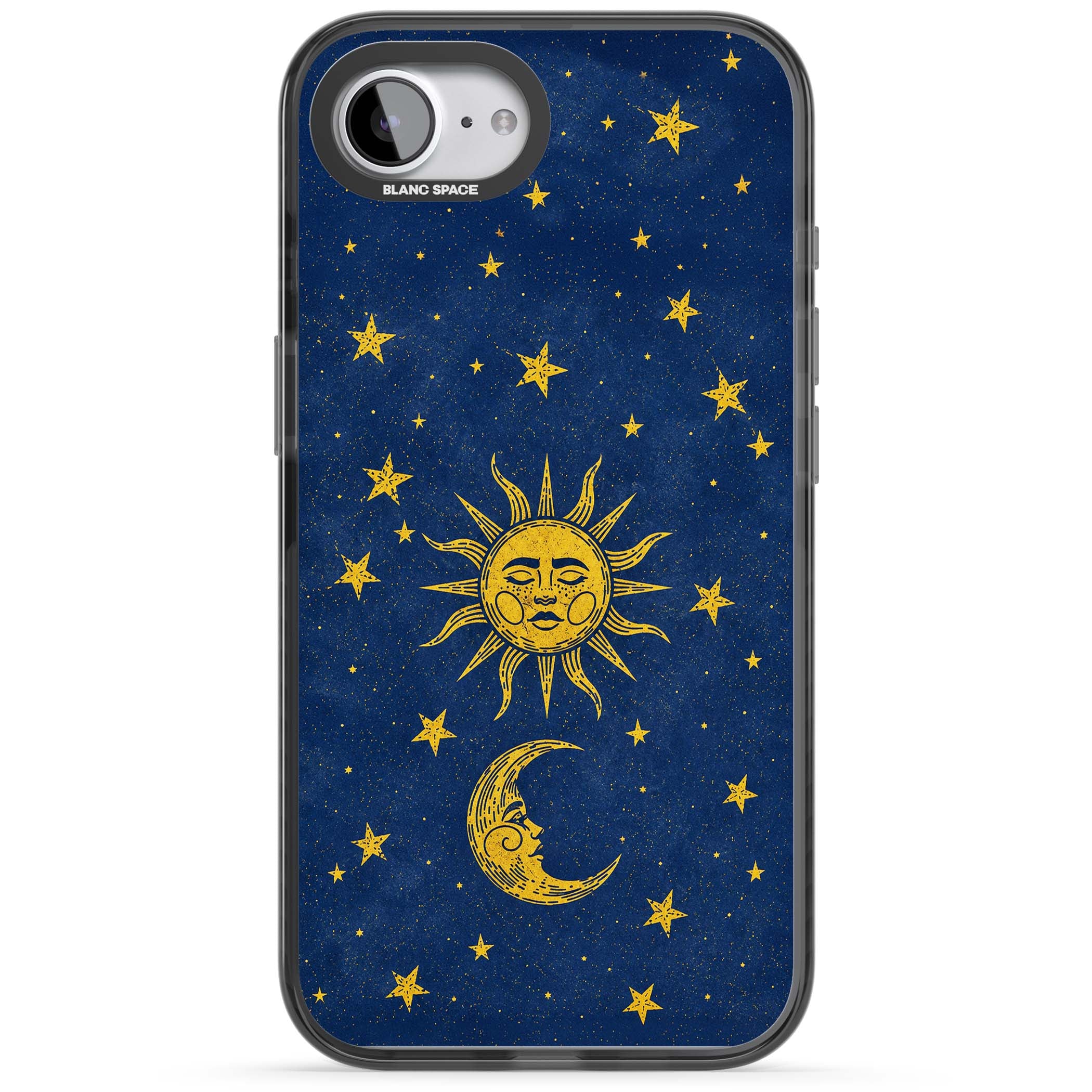 Sun & Moon Reverie celestial iPhone case featuring a vintage golden sun, crescent moon and scattered stars on midnight blue | Black Impact Magsafe case for iPhone 16e, iPhone 17e